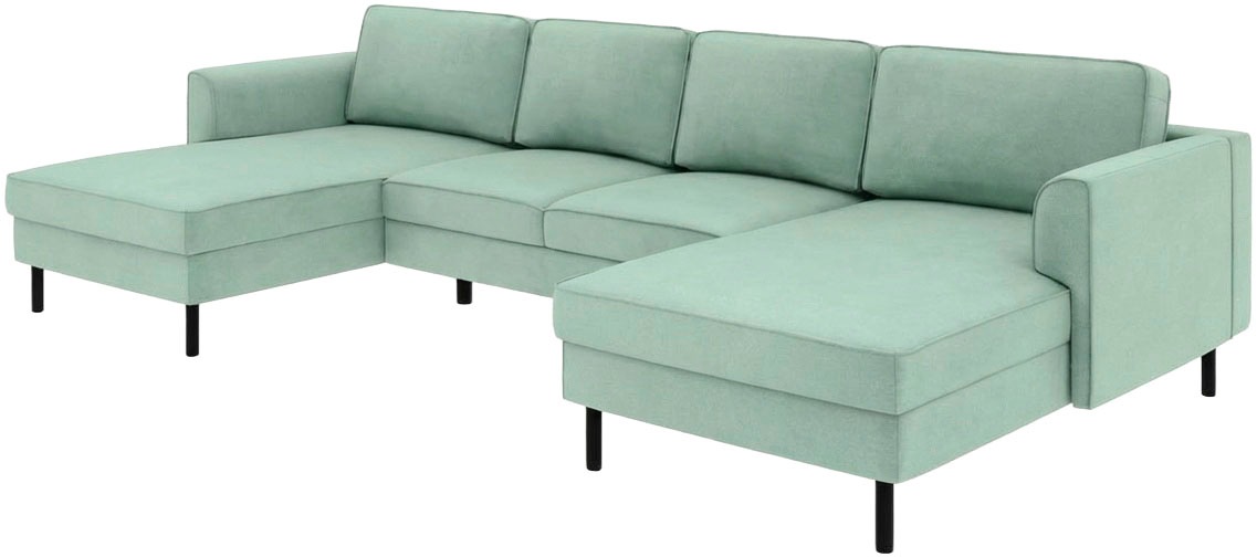 Home affaire Wohnlandschaft »Booster II, whlw. mit Schlaffunktion & Bettkasten, Fuß schwarz« Sofa in U-Form, Breite 305 cm, in Cord oder Struktur LEO o. LINO