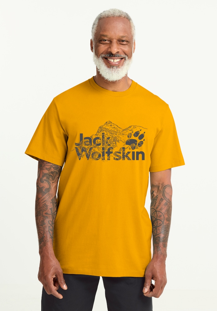 Jack Wolfskin T-Shirt "BRAND T M" T-Shirt aus Bio-Baumwolle, hoher Tragekomfort, großer Logo-Aufdruck