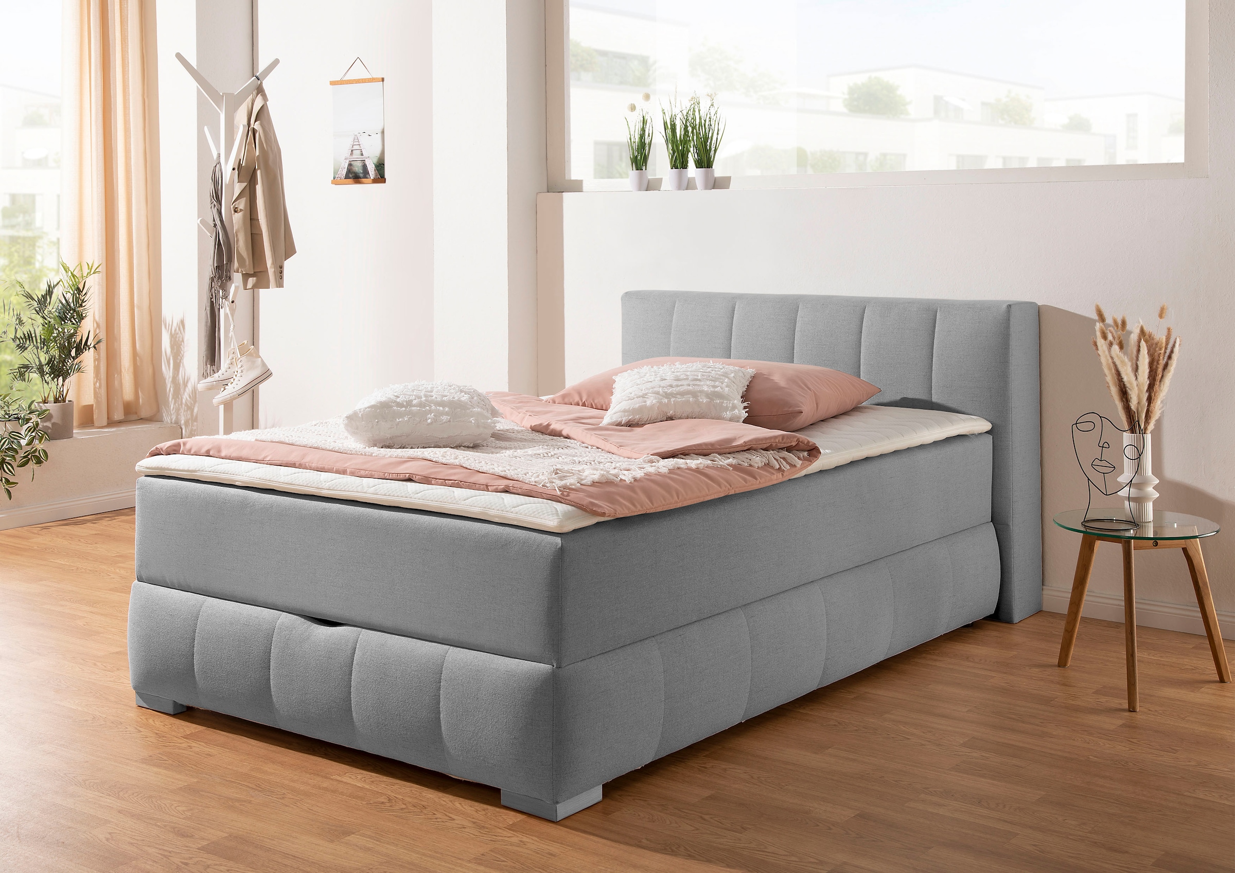 Boxbett HOME AFFAIRE "Chelles", grau, B:147cm L:225cm, Komplettbetten, inkl. Topper und Bettkasten
