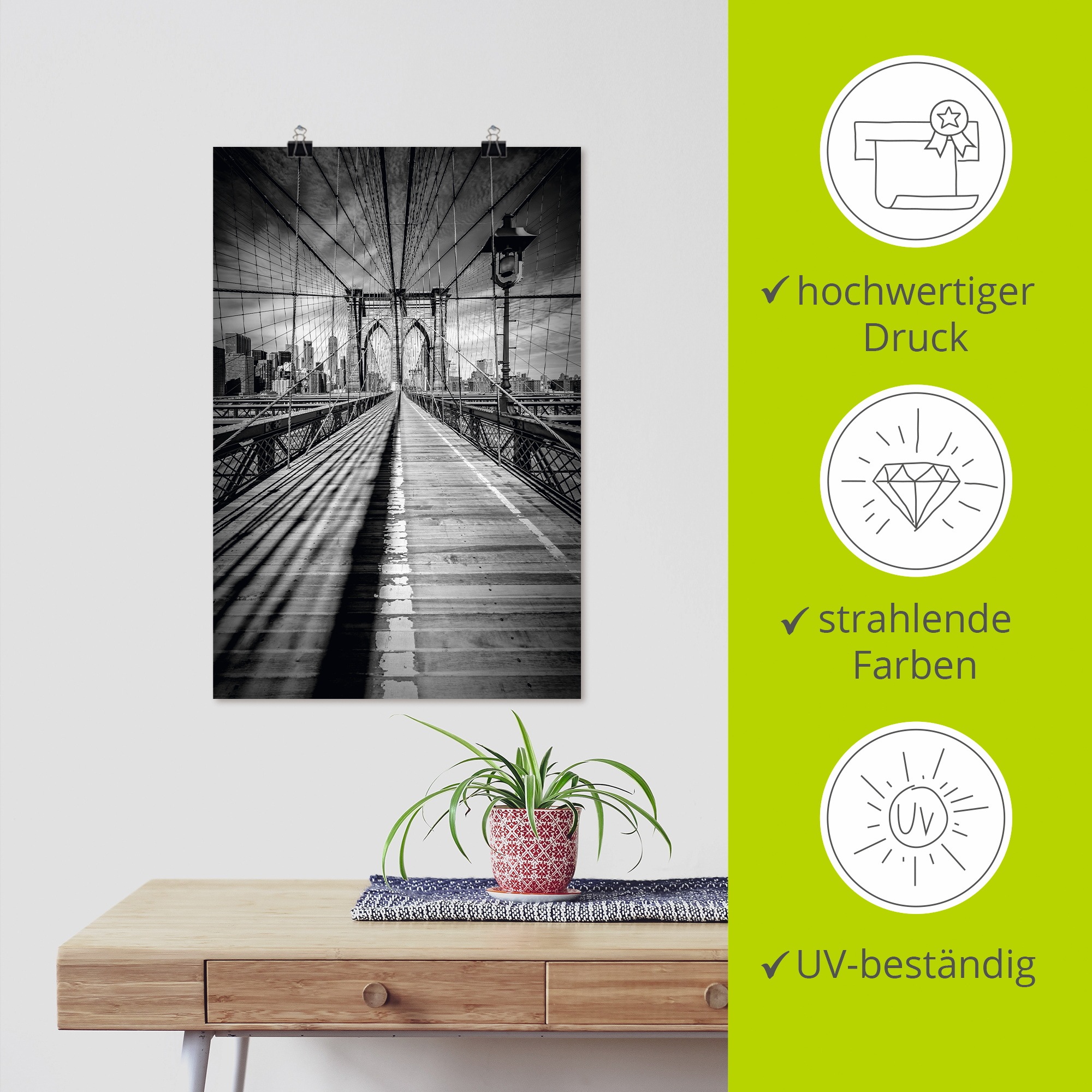 Artland Wandbild »Brooklyn Bridge, New York City Monochrom«, New York, (1 St.), als Leinwandbild, Poster in verschied. Größen