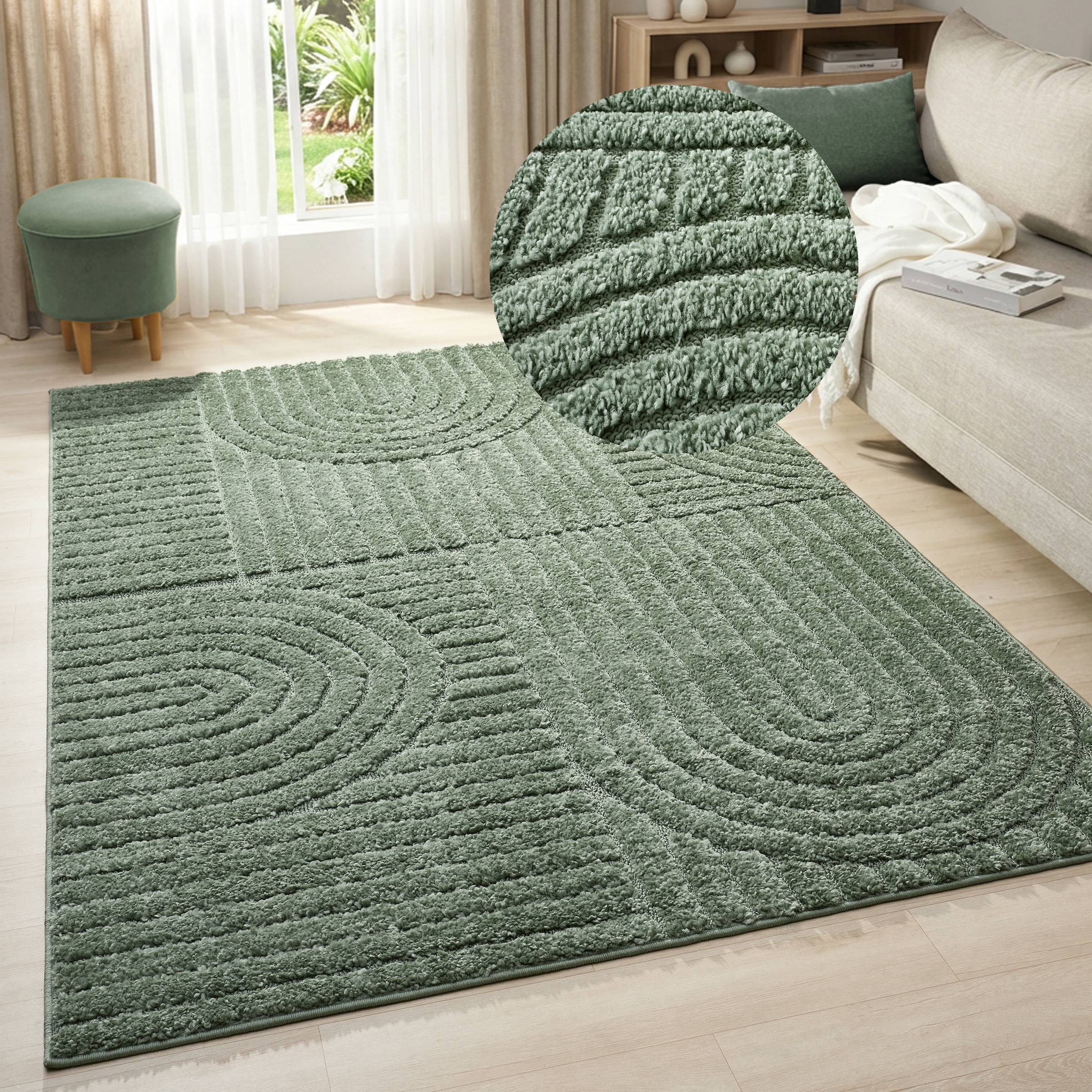 Teppich OTTO HOME "Jonne, Boho-Design, Scandi, Designteppich", dunkelgrün, B:60cm H:20mm L:90cm, Kunstfaser, Teppiche, Teppich, Hoch-Tief, 3D Optik, skandinavischer Stil, Wohnzimmer, Schlafzimmer