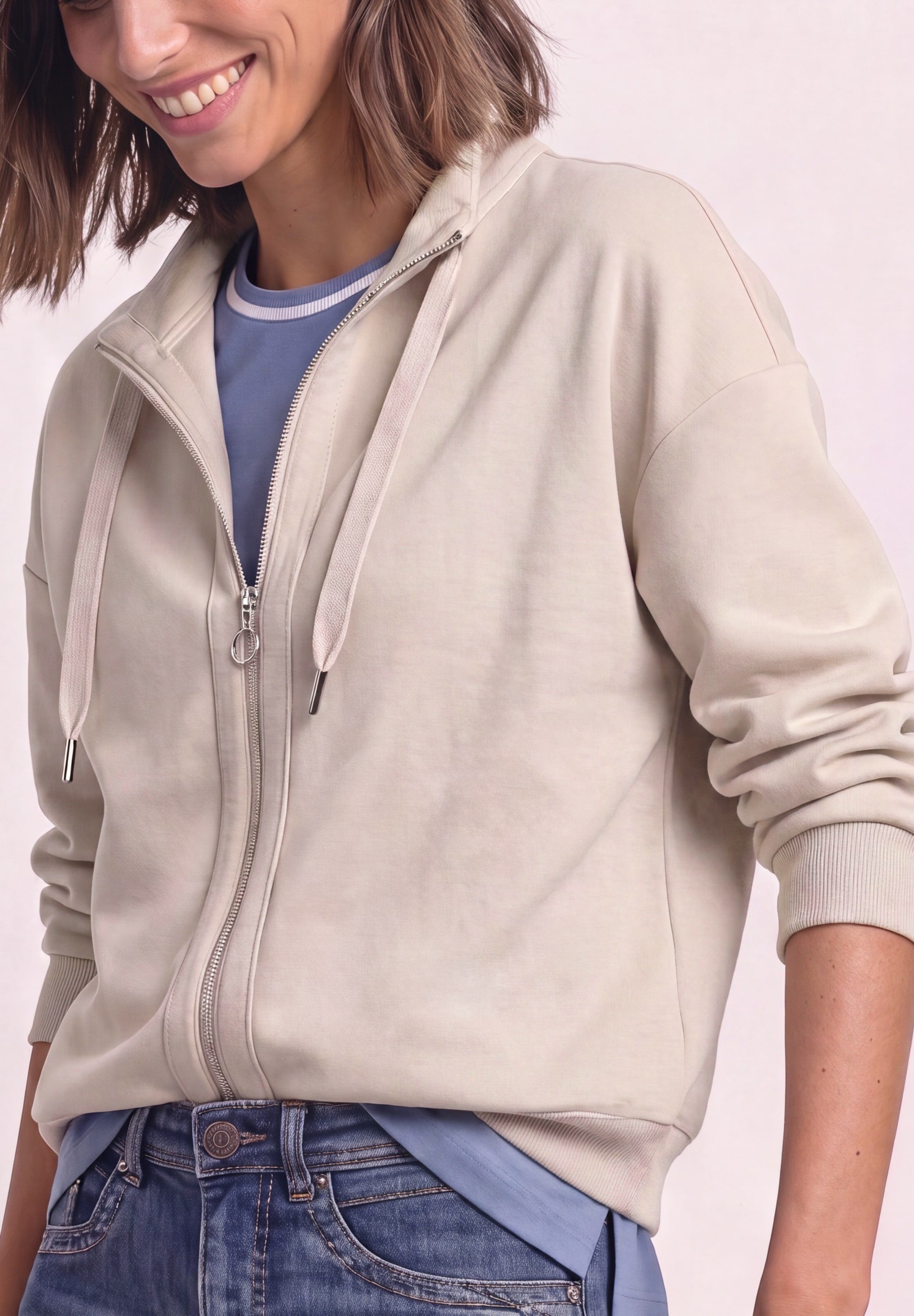 STREET ONE Sweatjacke 3/4-Arm Jacke im Silk-Look mit Rippdetails