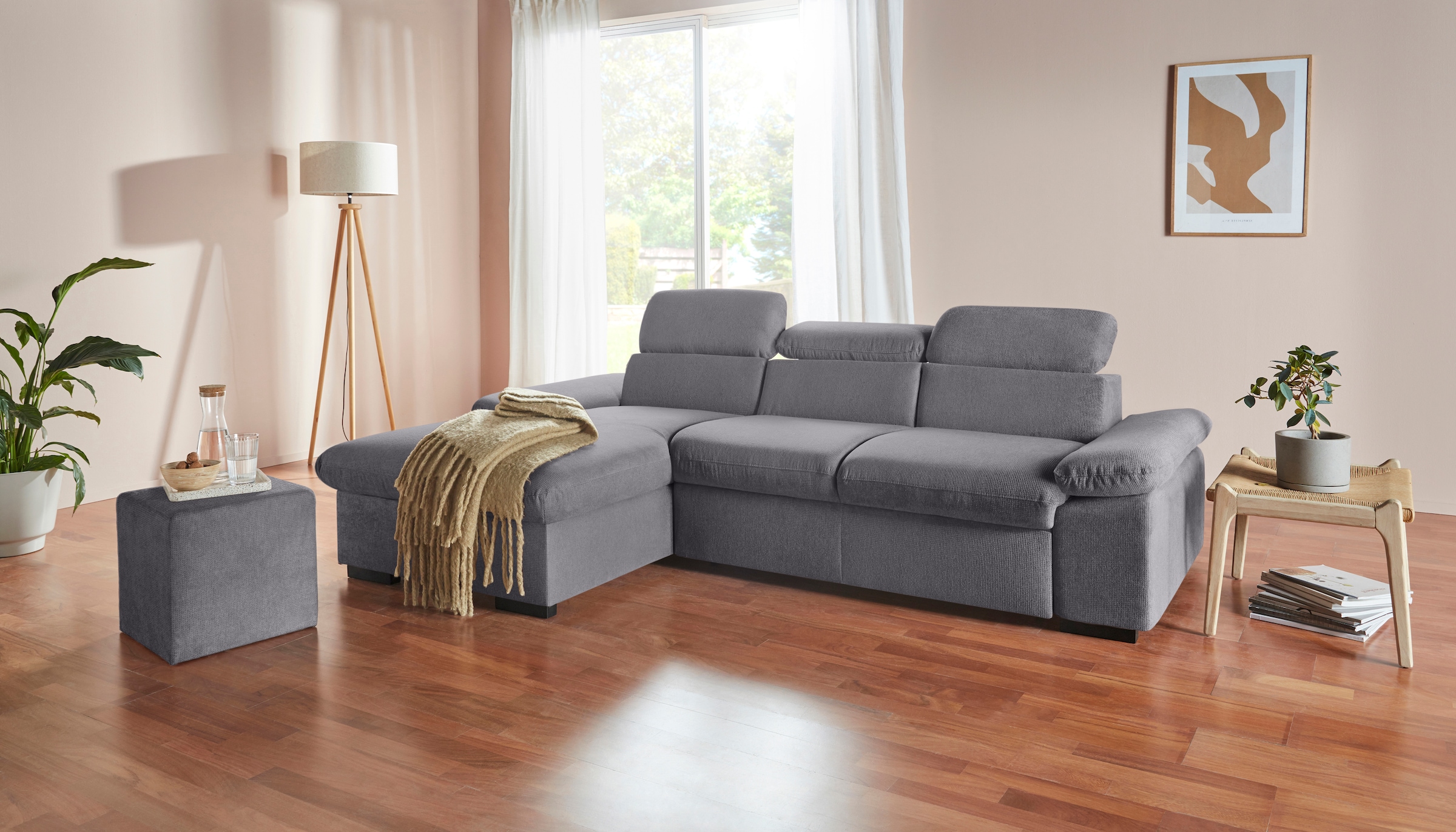 COTTA Ecksofa »Lola L-Form«, (Set, mit Hocker), mit Hocker & Kopfteilfunktion, wahlw. Bett- und Armteilfunktion