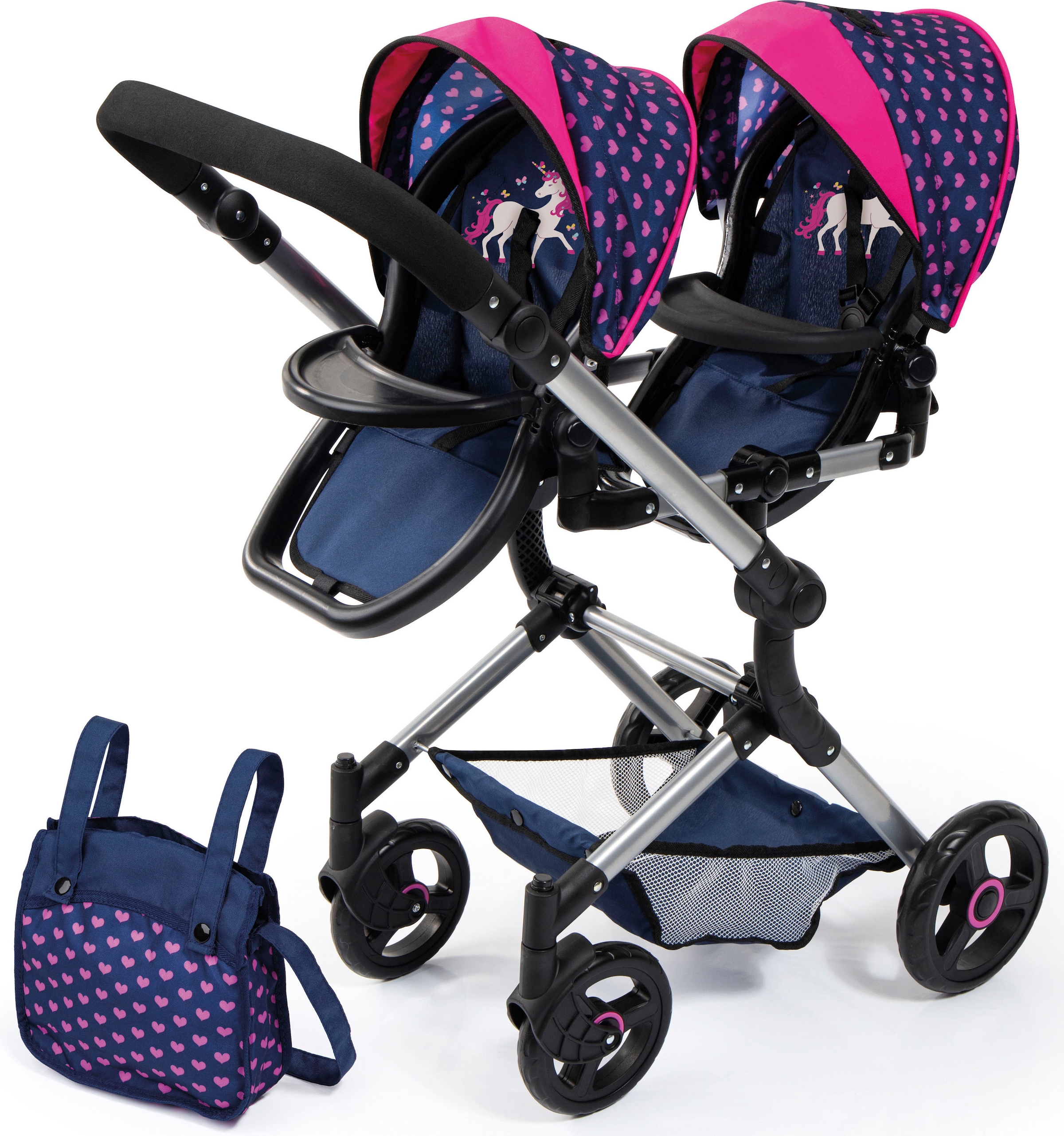 Puppen-Zwillingsbuggy BAYER "Twin Neo", bunt (einhorn blau, pink), Puppenwagen, KinderB:41,5cm H:81cm T:81,5cm, Kunststoff, Metall, Stoff, mit Wickeltasche, B:41,5cm H:81cm T:81,5cm