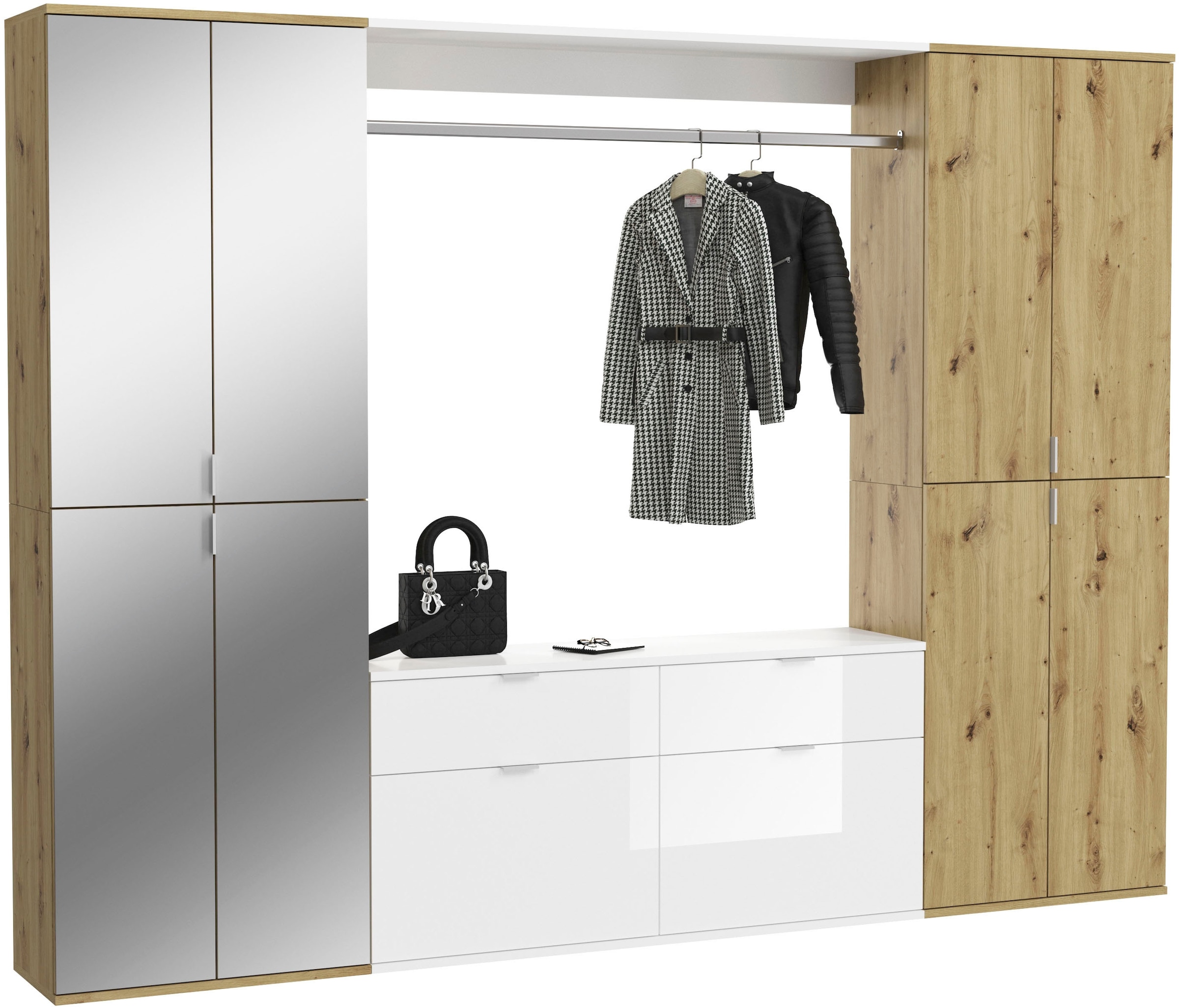Home affaire Garderoben-Set "TRONDHEIM, 5-teilig, Breite 243cm, individuell platzier- & erweiterbar" Set, bestehend aus: 2x Garderobenschrank breit & 3-tlgs. Zwischenbauelement, 4 Stk. tlg.