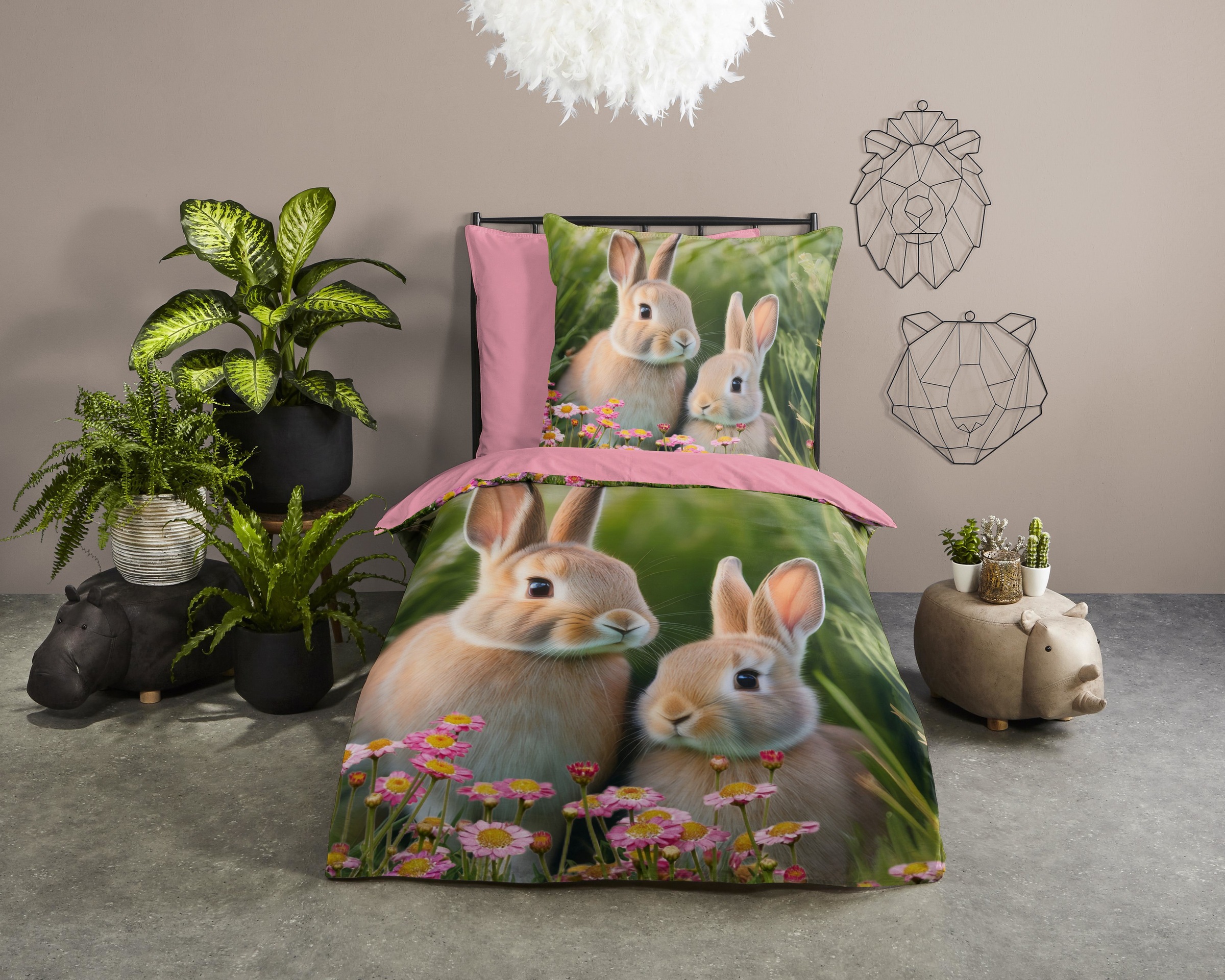 PURE luxury collection Kinderbettwäsche "Izzy" 2 Mikrofaser, 135x200, 2 Teilig, Wendeoptik, Kind, Mädchen, Kaninchen