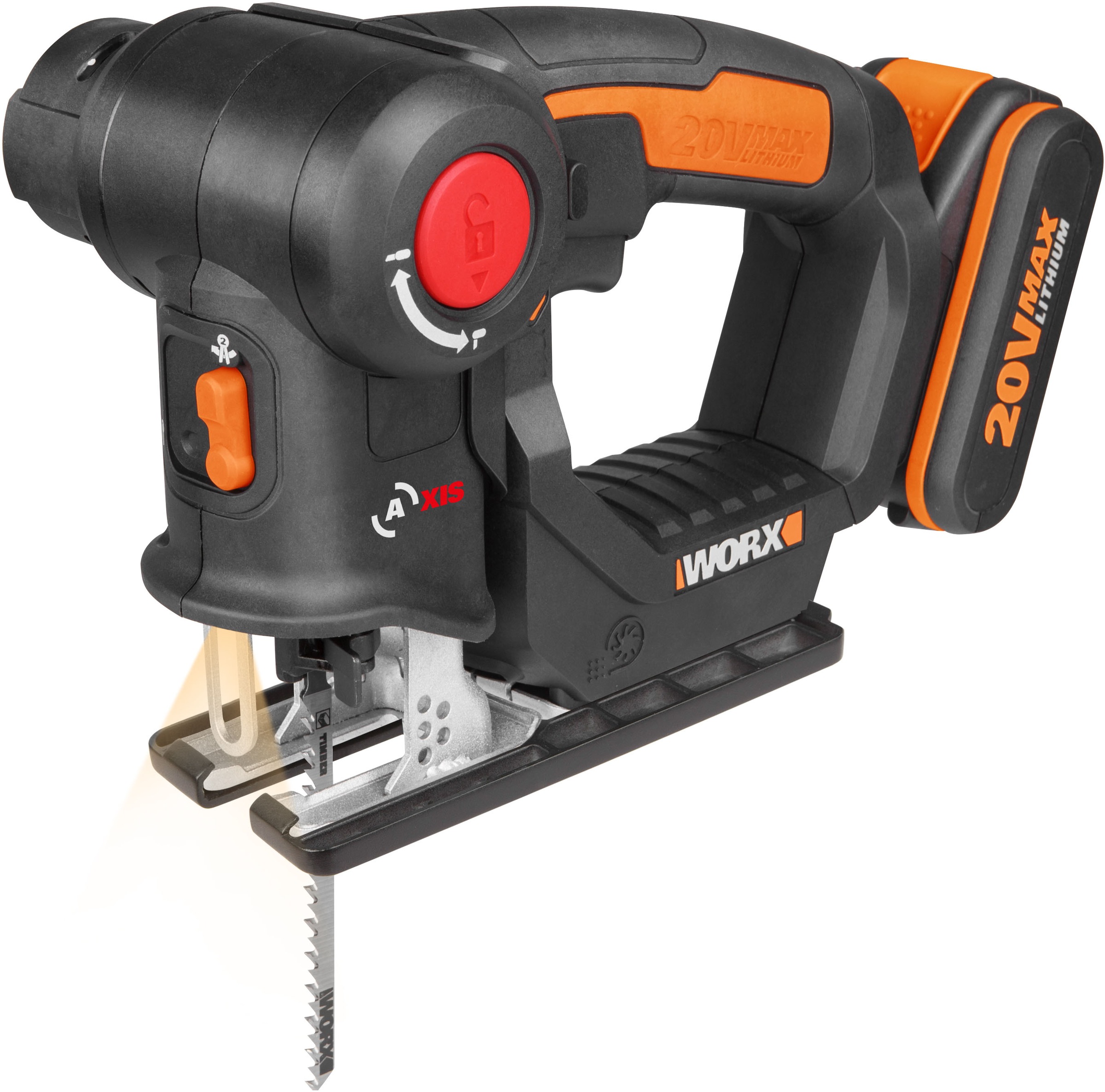 Worx Akku-Stichsäge "WX550 Axis", Profi 2-in-1 Pendelhub Stich- & Säbelsäge, inkl. Akku & Ladegerät