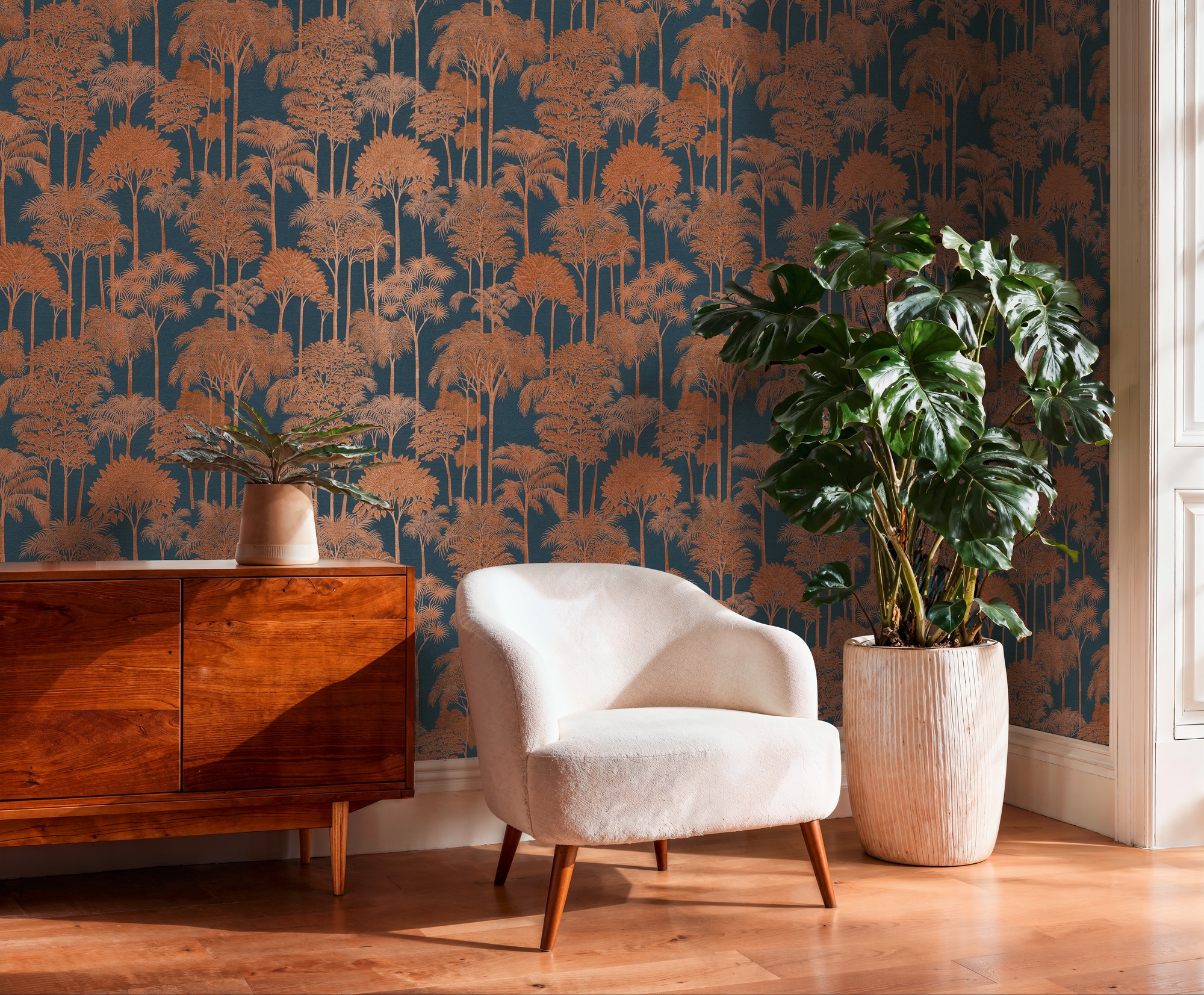 A.S. Création Vliestapete "Cuba II Golden Forest" Retro floral tropisch leicht strukturiert Dezentes Waldmotiv mit stilisierten Bäumen und sanfter Tiefe