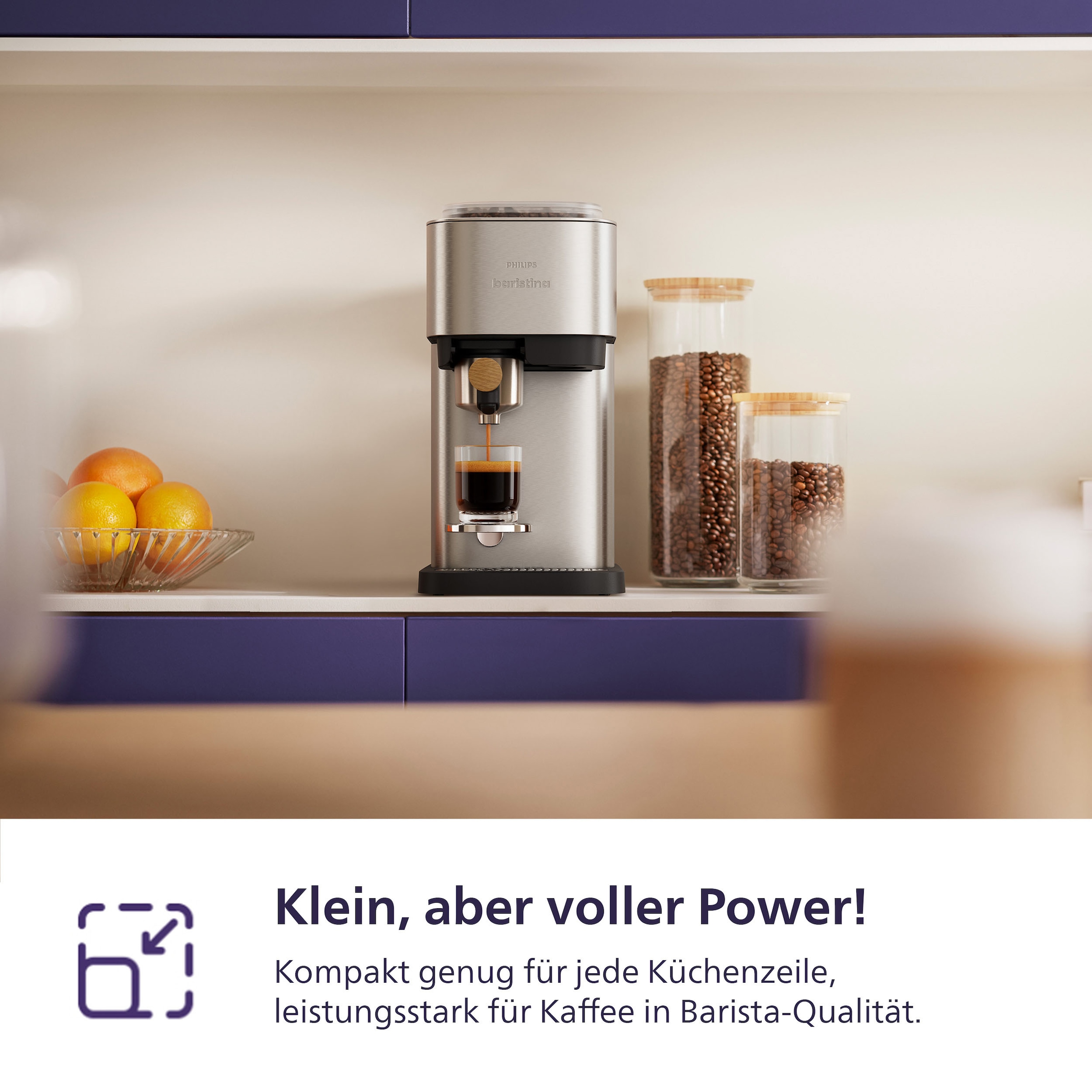 PHILIPS baristina Espressomaschine »Plus in Edelstahl BAR500/00 mit Mahlwerk für ganze Bohnen« Iced Coffee Funktion, 16 bar Pumpendruck, Edelstahl/Eschenholz