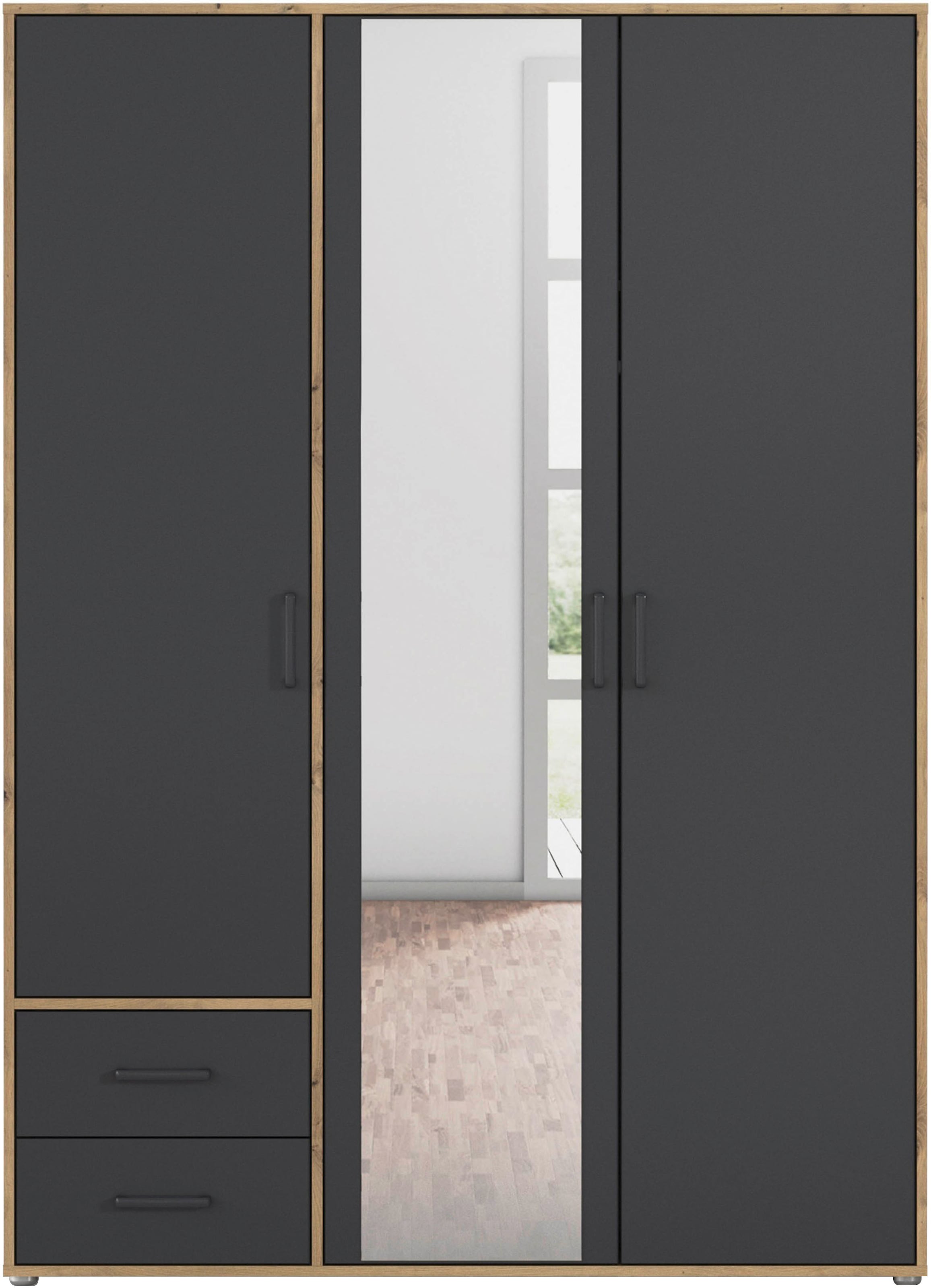 rauch Drehtürenschrank »Kleiderschrank Schrank Garderobe Wäscheschrank VOYAGER«, (in 3 verschiedenen Ausstattungen BASIC/CLASSIC/PREMIUM), mit modernen Griffen in Graumetallic, inkl. Schubkästen und Spiegel