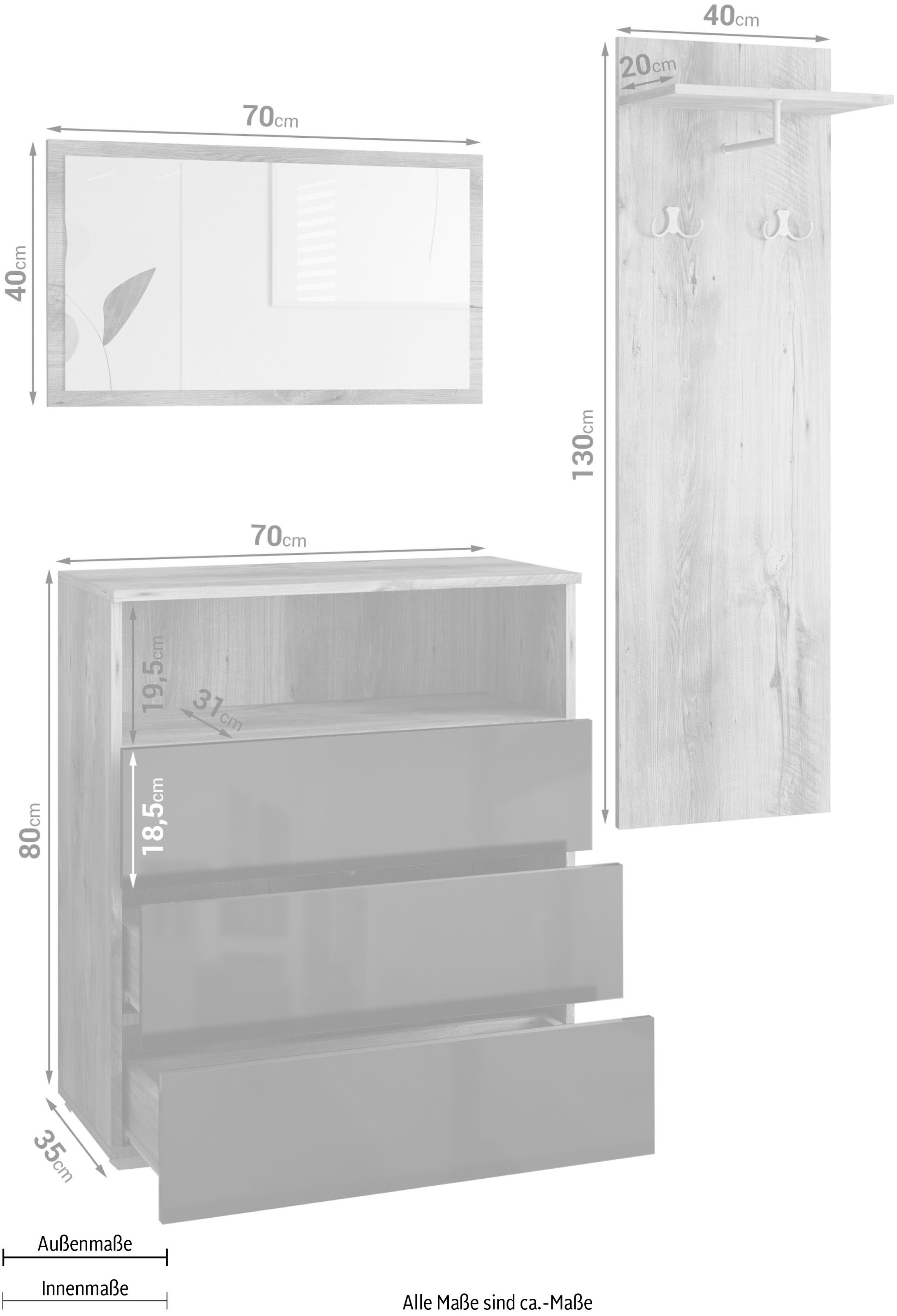 INOSIGN Garderoben-Set »PARIS/ TOKYO«, (Komplett-Set, 3 St.), Garderoben- Set Breite 140cm, hochkant oder quer montierbar Spiegel