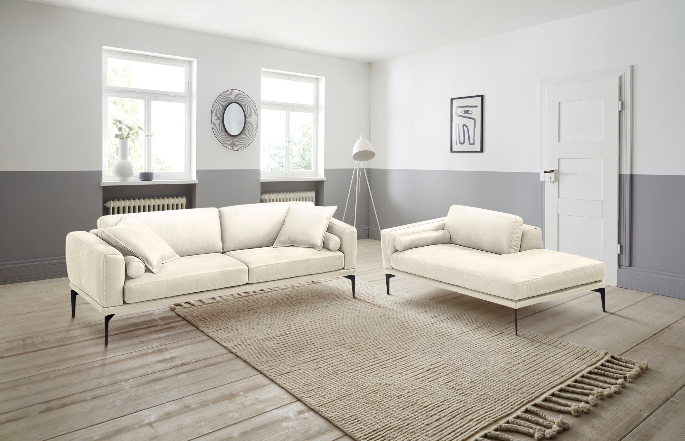 Egoitaliano Polstergarnitur "Masu, Design trifft sensationellen Sitzkomfort" Set besteht aus 2,5-Sitzer, freistehende Ottomane und 3 Rollkissen