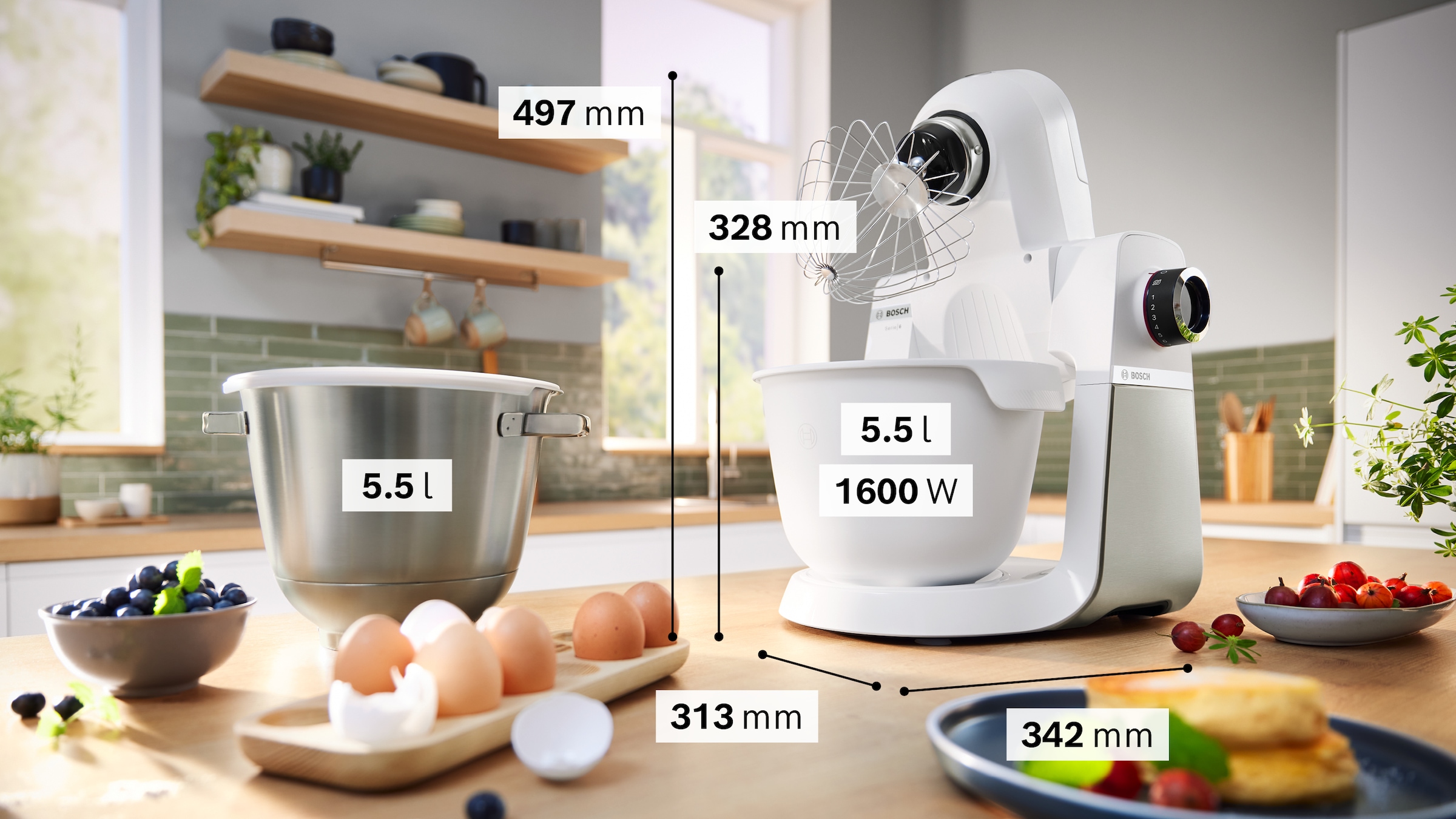 BOSCH Küchenmaschine »Serie 6 MUMS6EW18, 2 Schüsseln (Edelstahl, Kunststoff), Deckel, weiß«, 7 Stufen, Knethaken/Rühr-/Silikonbesen, spülm.fest, Schüssel BPA-frei