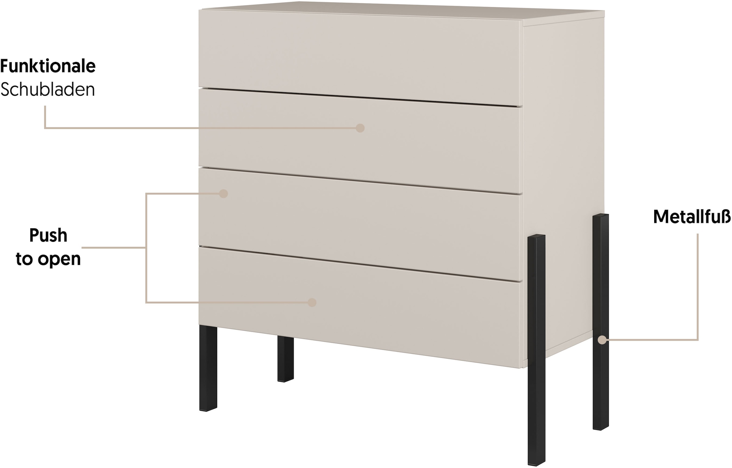 Home affaire Kommode »Jukon, Breite 84 cm, moderne grifflose Kommode«, Schubladenkommode mit 4 Schubkästen, push to open Funktion