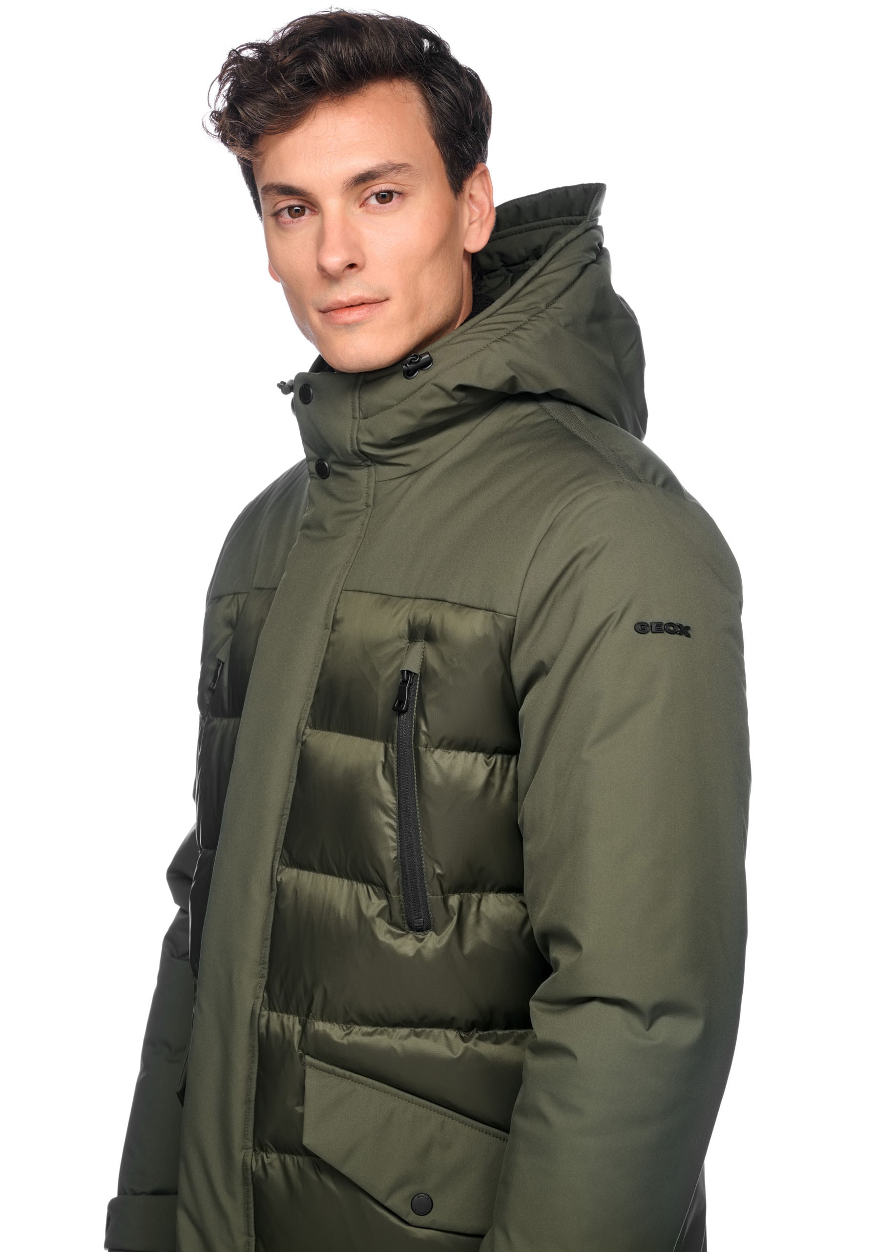 Geox Langjacke »SAPIENZA«, mit Kapuze, im Materialmix, 4 Taschen, Kapuze, verdeckter Reißverschluss