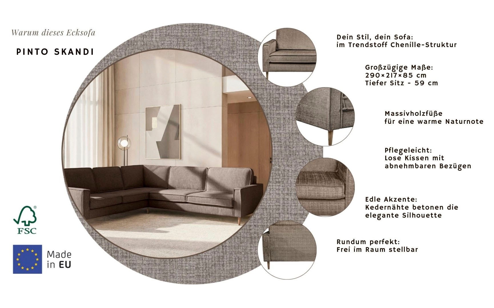 Ecksofa HOME AFFAIRE "Pinto Skandi, 290 cm, Chenille, Struktur, Ottomane links / rechts", braun, B:290cm H:89cm T:250cm, 100% Polyester, Sofas, Ecksofa, mit Keder, Massivholzfüße Eiche geräuchert, Wellenunterfederung 5