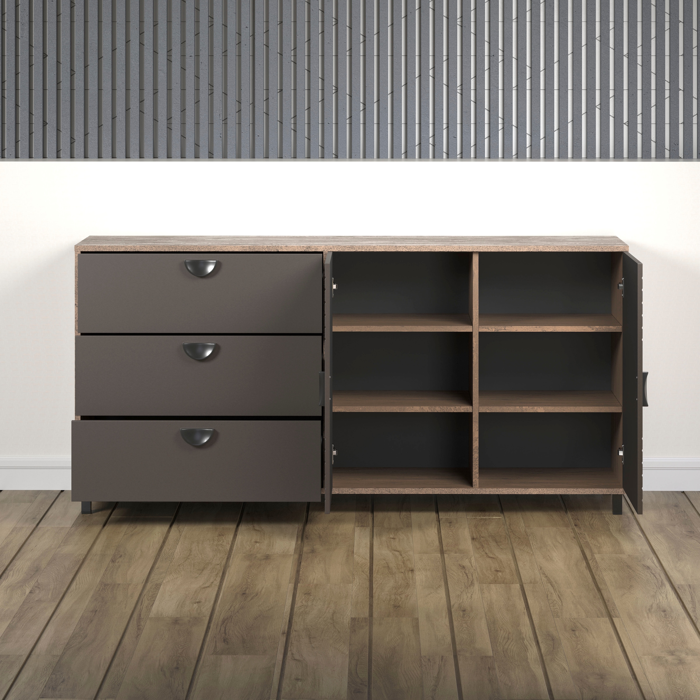 Home affaire Sideboard »Fusion« 1 Stk. tlg. Kommode mit markantem Kreismuster - Antikoptik - (B/T/H) 176/42/86 cm