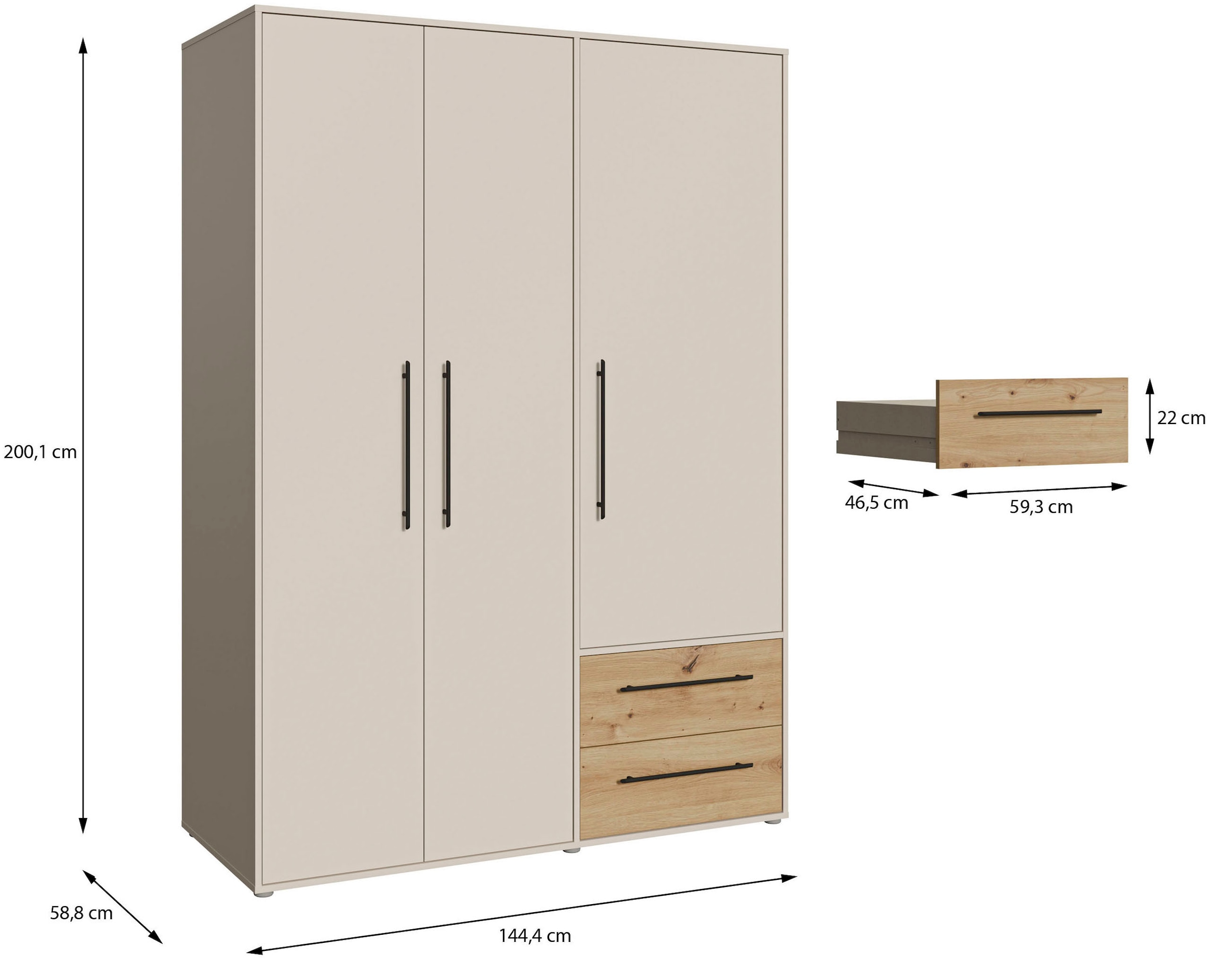 FORTE Kleiderschrank »Mokkaris , zeitloses Design, 3–4 Türen, Made in Europe« B/H/T ca. 145x200x59cm oder 206x200x59cm,  Schubladen + schwarze Stangengriffe, Made in Europe, viel Stauraum