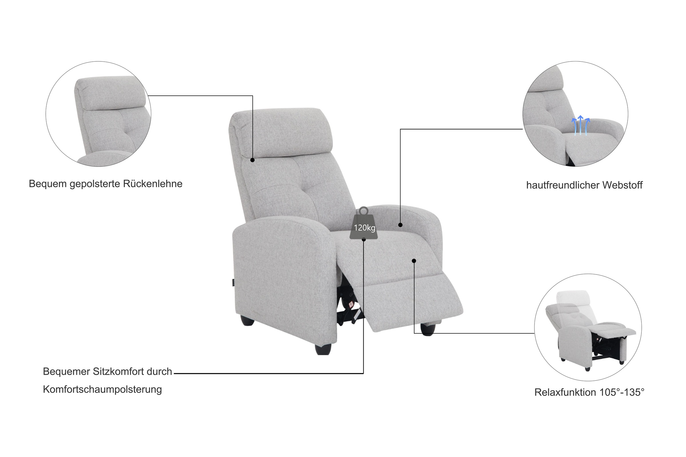 Thumbnail - Home affaire Relaxsessel "VESOUL, TV-Sessel, Ruhesessel mit Schlaffunktion, Webstoff", Loungesessel mit manueller Relax-...