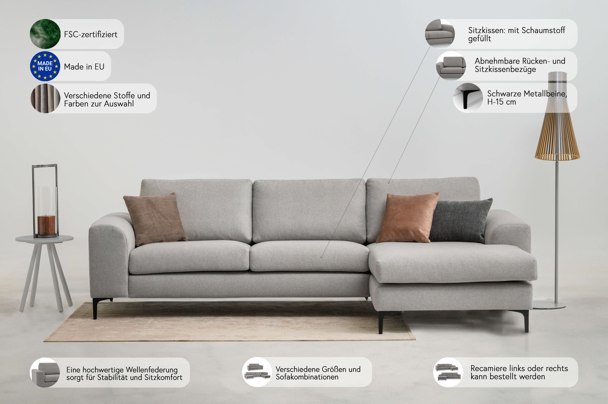 INOSIGN Ecksofa »Henry«, mit Metallbeinen, in modernem Design