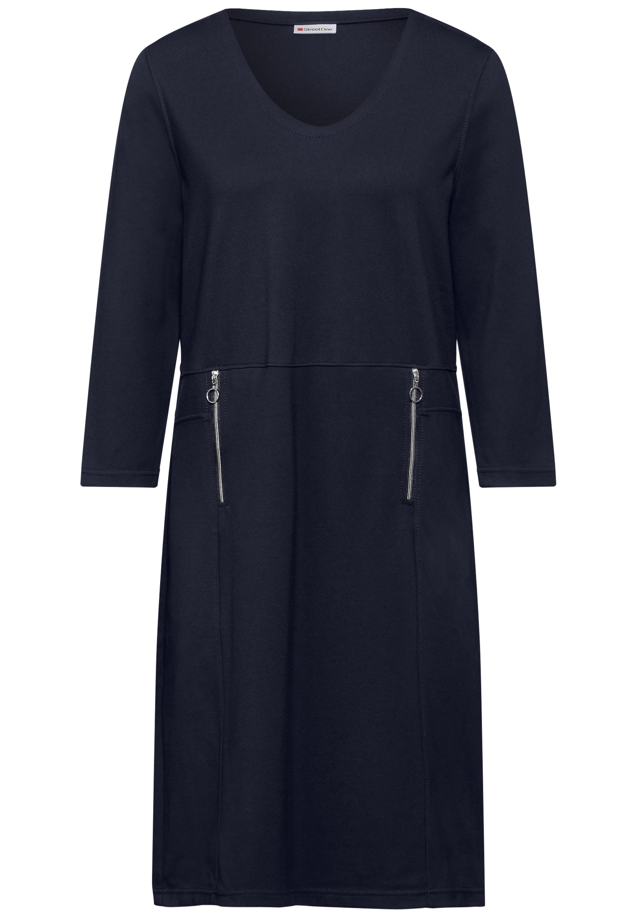 Sweatkleid STREET ONE, Damen, Gr. 34, EURO-Größen, blau (tiefblau), Stoff, 60% Viskose, 35% Polyamid, 5% Elasthan, unifarben, comfort fit knielang, V-Ausschnitt, Bündchen, Kleider Sweatkleid, knielang 2