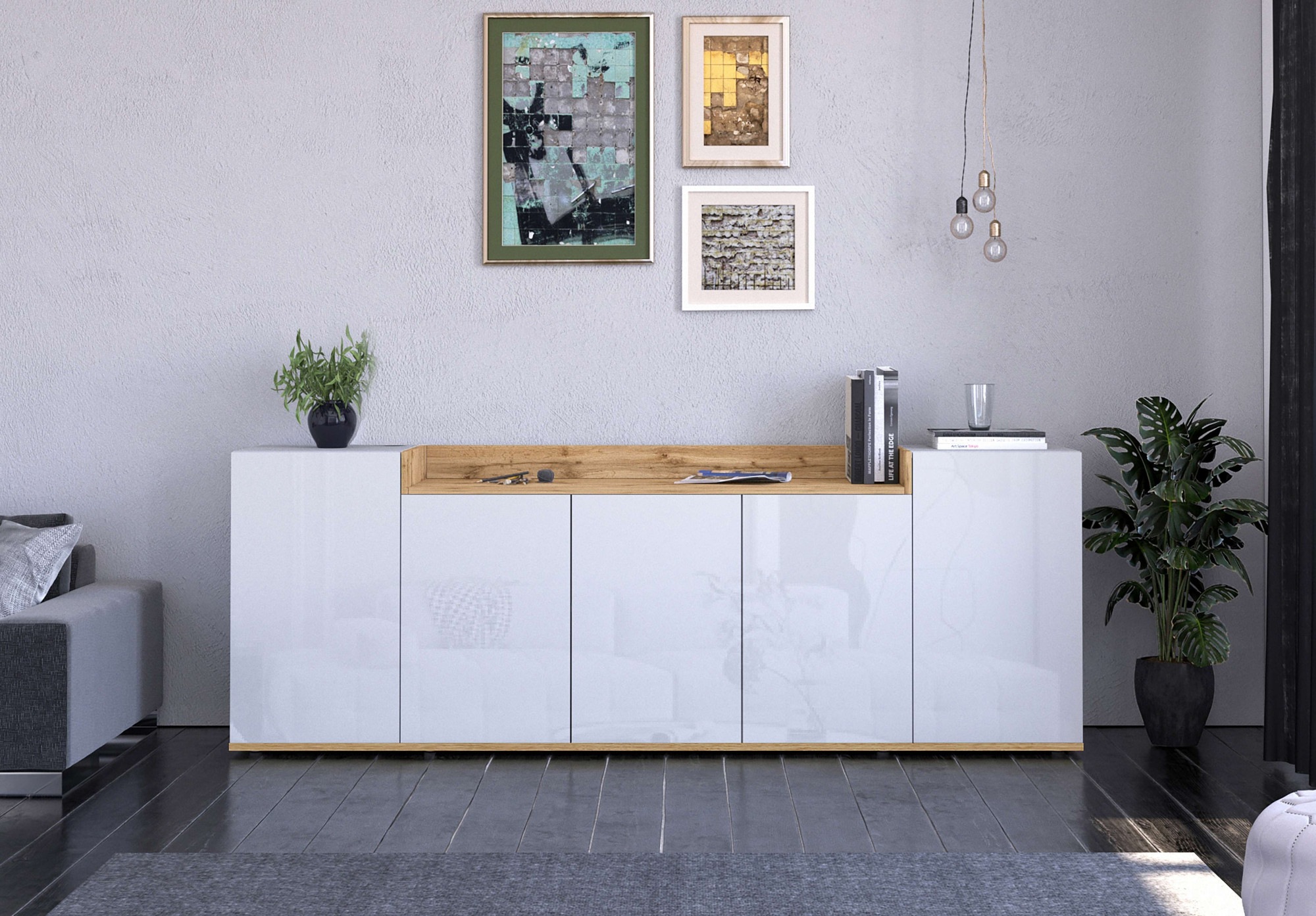 OTTO home Sideboard »BOLSENA, Kommode, Schrank,Lowboard mit 8 Fächer und offenes Ablagefach« 1 Stk. tlg. Breite 200 cm,stehend/hängend,Fronten Hochglanz lackiert,Made in Italy