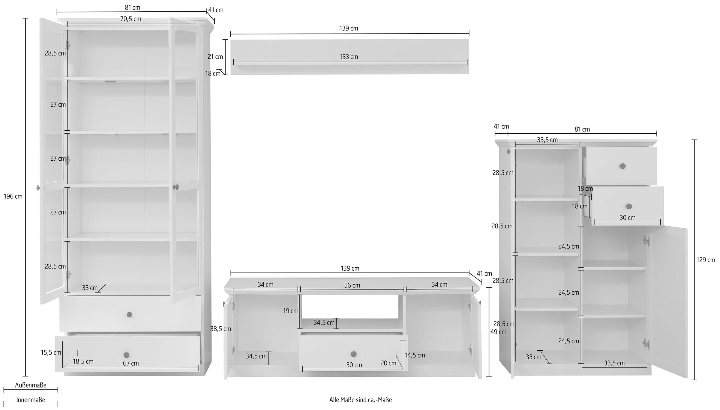 Home affaire Wohnwand »Örebro«, (Set, 4 St.), zeitloser Landhausstil, mit Vollauszug, Beleuchtung optional