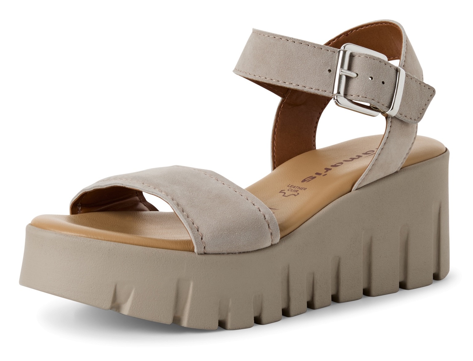 Keilsandalette TAMARIS, Damen, Gr. 40, grau (taupe), Veloursleder, Schuhe, Sommerschuh, Riemchensandale mit modischer Plateausohle