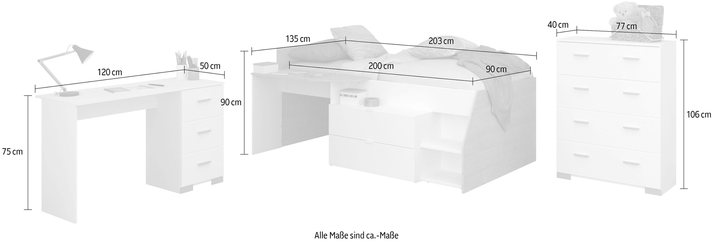 Parisot Jugendzimmer-Set »Parisot Milky 15«, (3 tlg.), viel Stauraum, halbhohes Hochbett