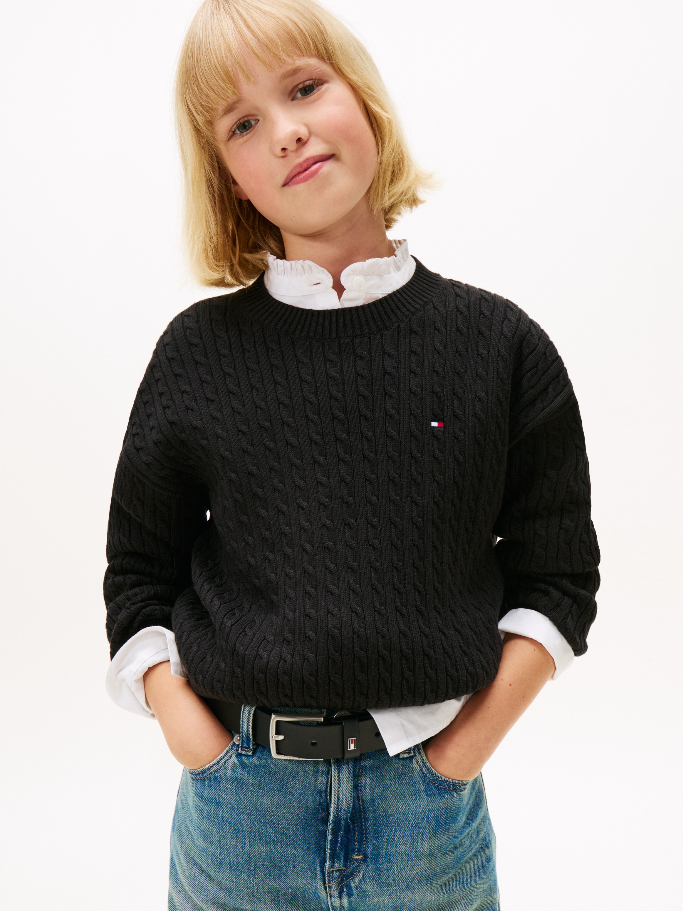 TOMMY HILFIGER Kinder Strickpullover "CABLE SWEATER"schwarz, Gr. 14, unifarben, Strick, Obermaterial: 100% Baumwolle, Pullover