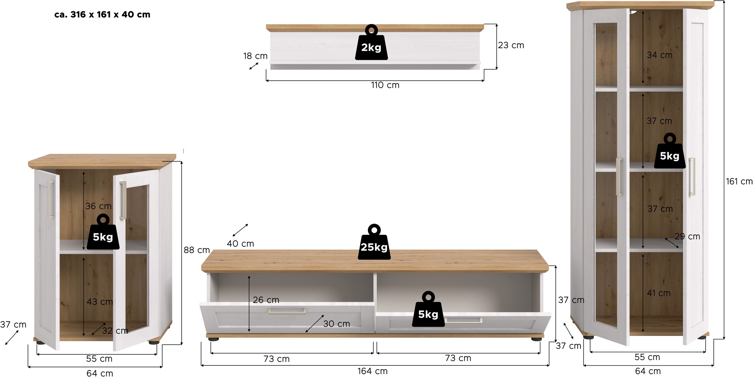 Home affaire Wohnwand »Cosenza«, (Set, 4 St.), Cosenza, Breite: 336 cm,2xVitrine,Lowboard, Wandboard