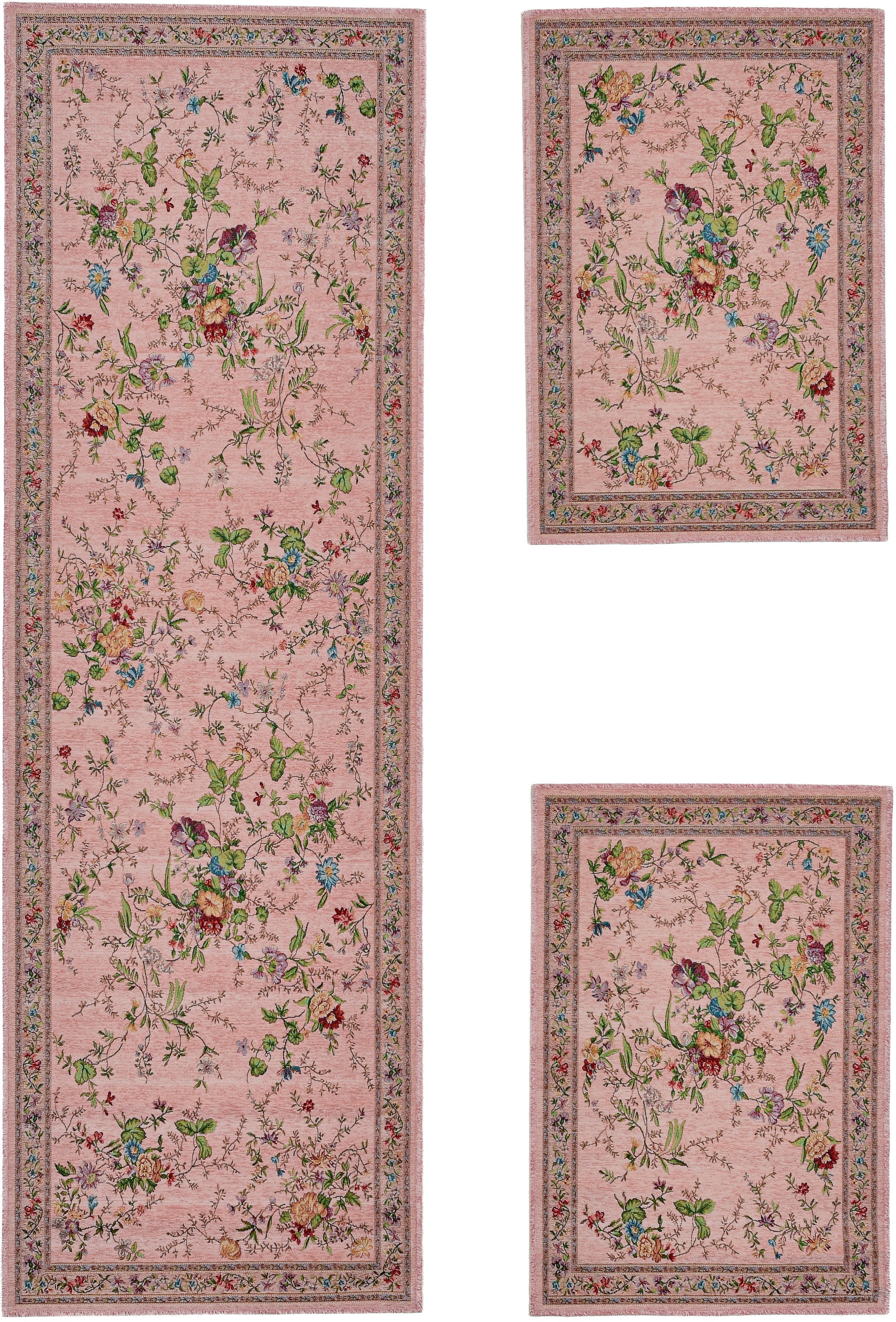 Bettumrandung THEKO "Flomi Sagrini" Gr. 14, rosa (rosé), H:3mm, Obermaterial: 63% Polyester, 33% Polypropylen, 4% Baumwolle, Bettumrandungen, Läufer-Set, Flachgewebe, Pastell-Farben, Blumen Design, mit Bordüre