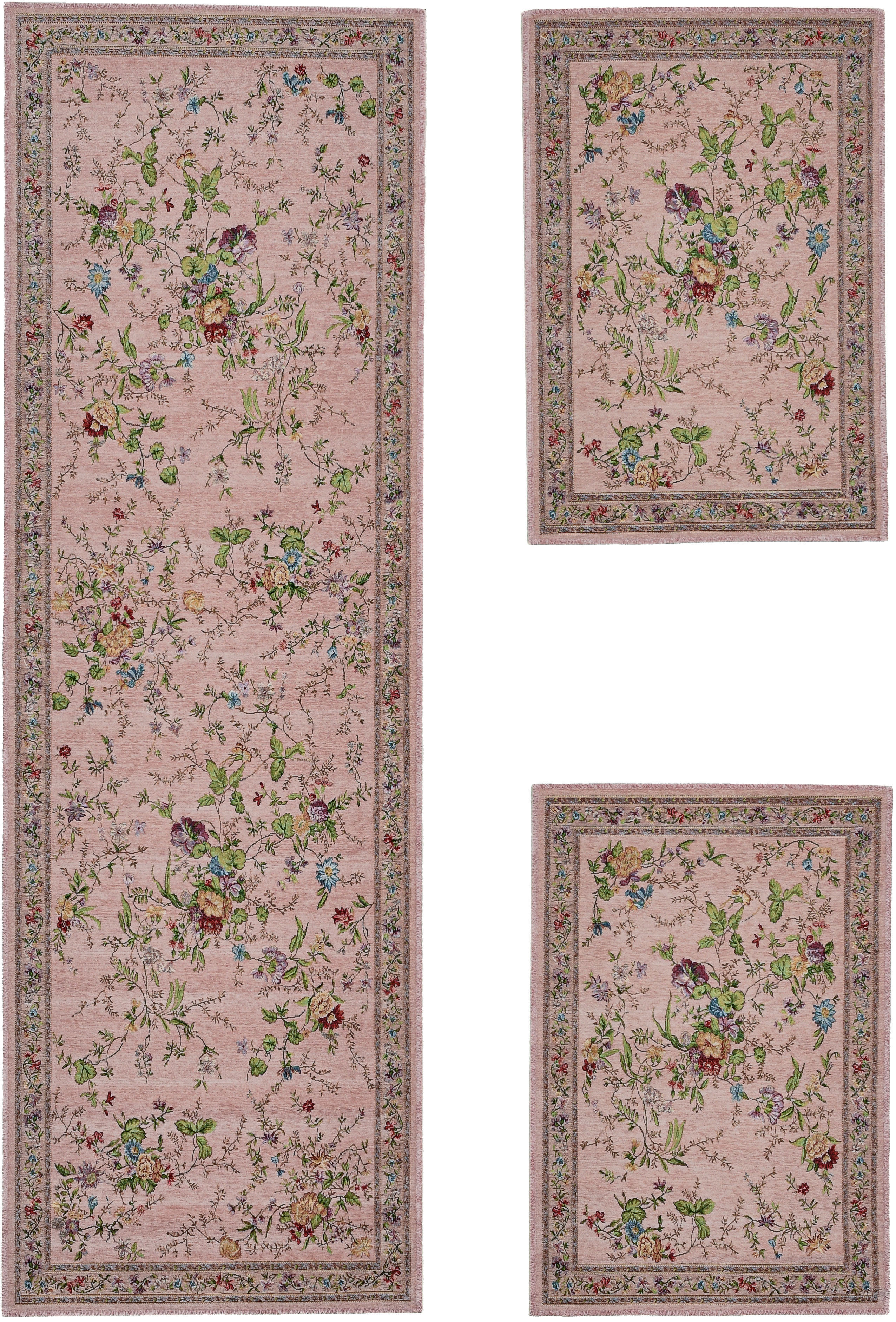 THEKO Bettumrandung "Flomi Sagrini" Höhe 3 mm 3 Stk. tlg. Teppich-Set, Flachgewebe, Pastell-Farben, Blumen Design, mit Bordüre