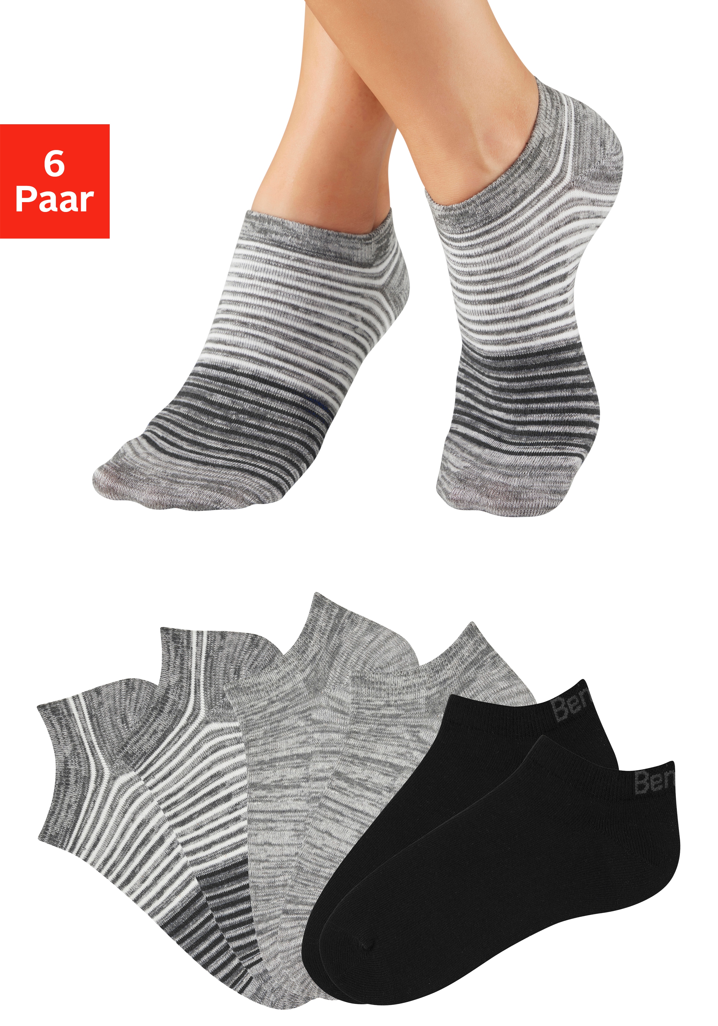 Bench. Sneakersocken "Damen und Herren Socken meliert und uni" Packung, 6 Paar tlg. mit ansprechendem Streifen- Design und uni
