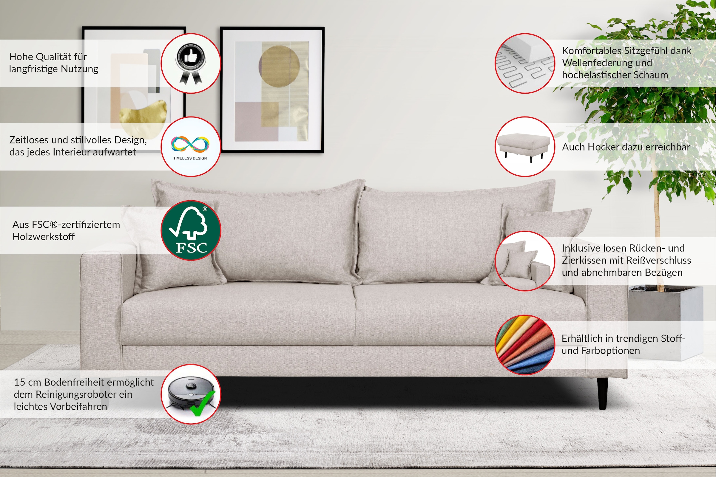 Home affaire 3-Sitzer »VEYRAS, hoher Sitzkomfort, Maße B/T/H: 212/84/76 cm« mit Wellenunterfederung, incl. Rückenkissen und Zierkissen