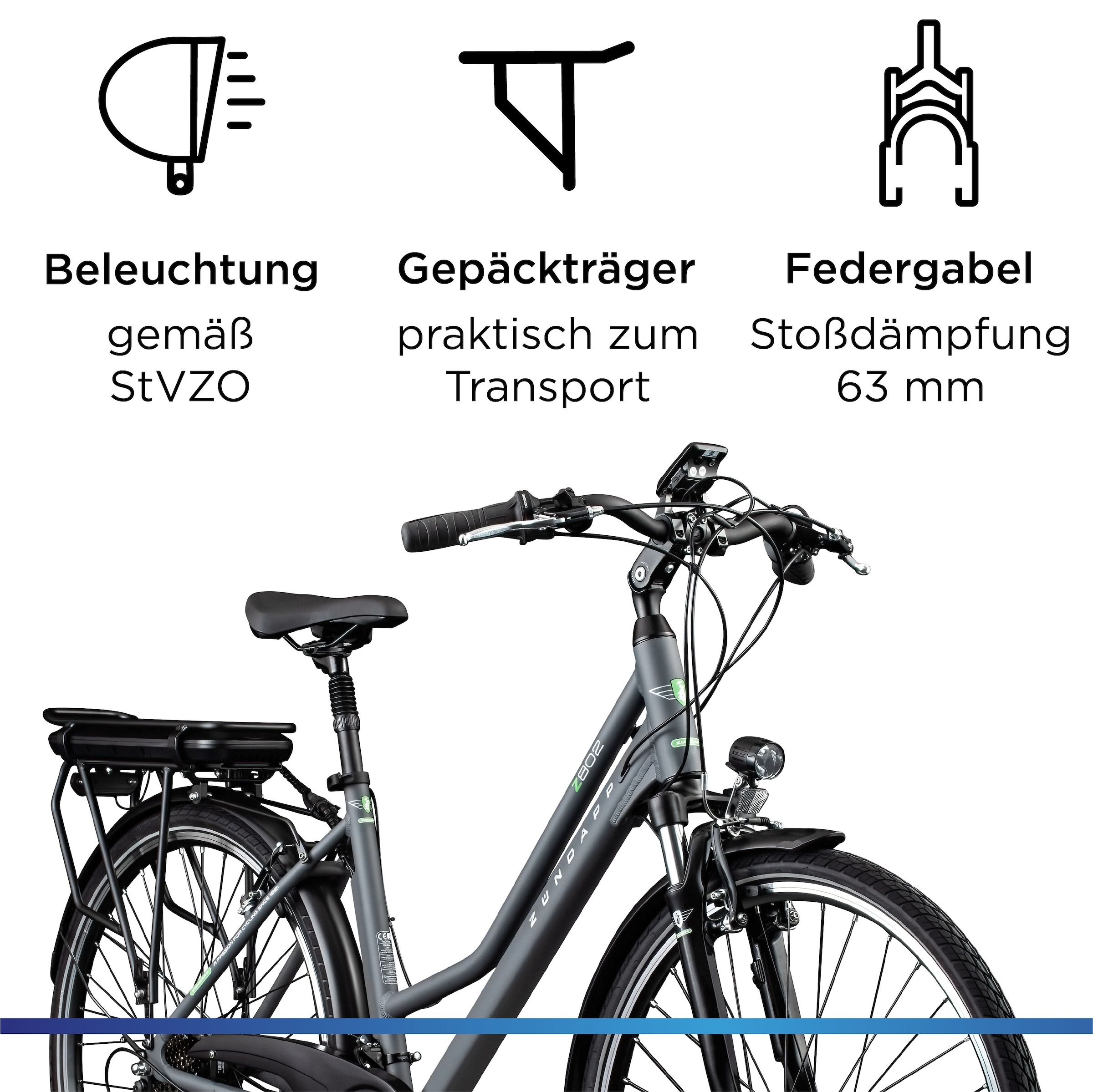 Zündapp »Z802 Damen« 21 Gang Shimano Altus RD-M310 Schaltwerk Kettenschaltung Heckmotor 250 W Pedelec, Elektrofahrrad für Damen