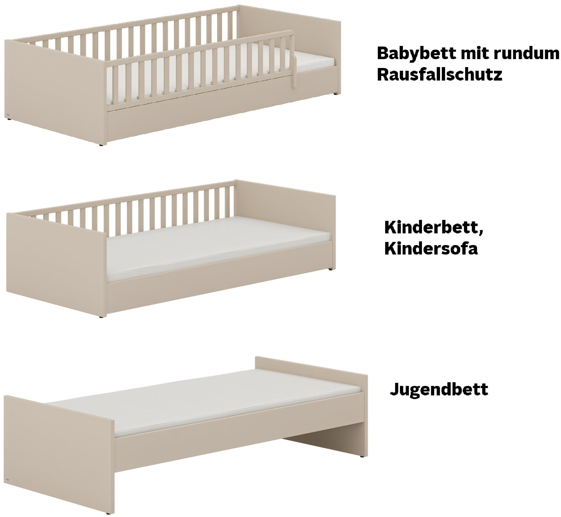 PAIDI Kinderbett »LITTLE FLO, vom Baby bis zum Teeni, in mehreren Farben und Breiten«, (Breite/Länge: 90x200cm + 120X200cm +140x200cm), umbaubar zum Kinder- oder Jugendbett, auch als Sofa nutzbar