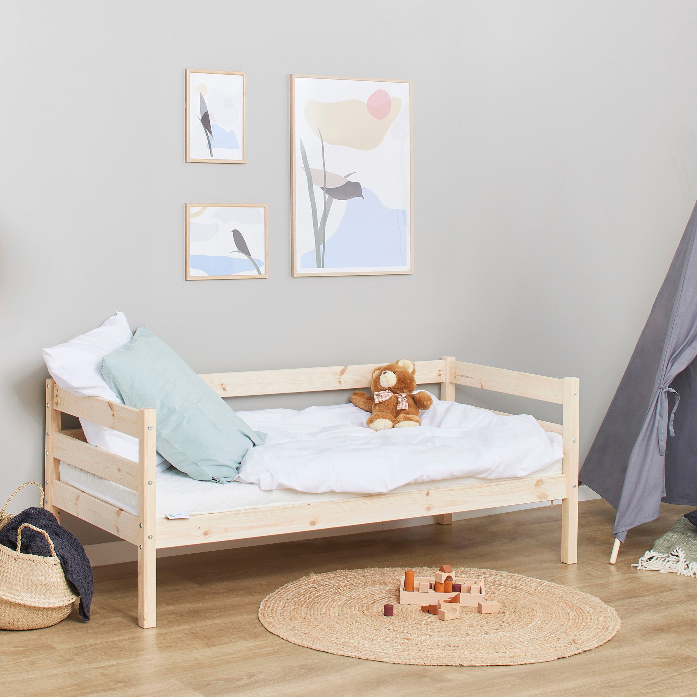 Einzelbett HOPPEKIDS, B:76cm H:65cm L:166cm, beige, Kiefer massiv, Betten, "ECO Comfort Kinderbett, Kiefer Massivholz, Jugendbett inkl. Rollrost",