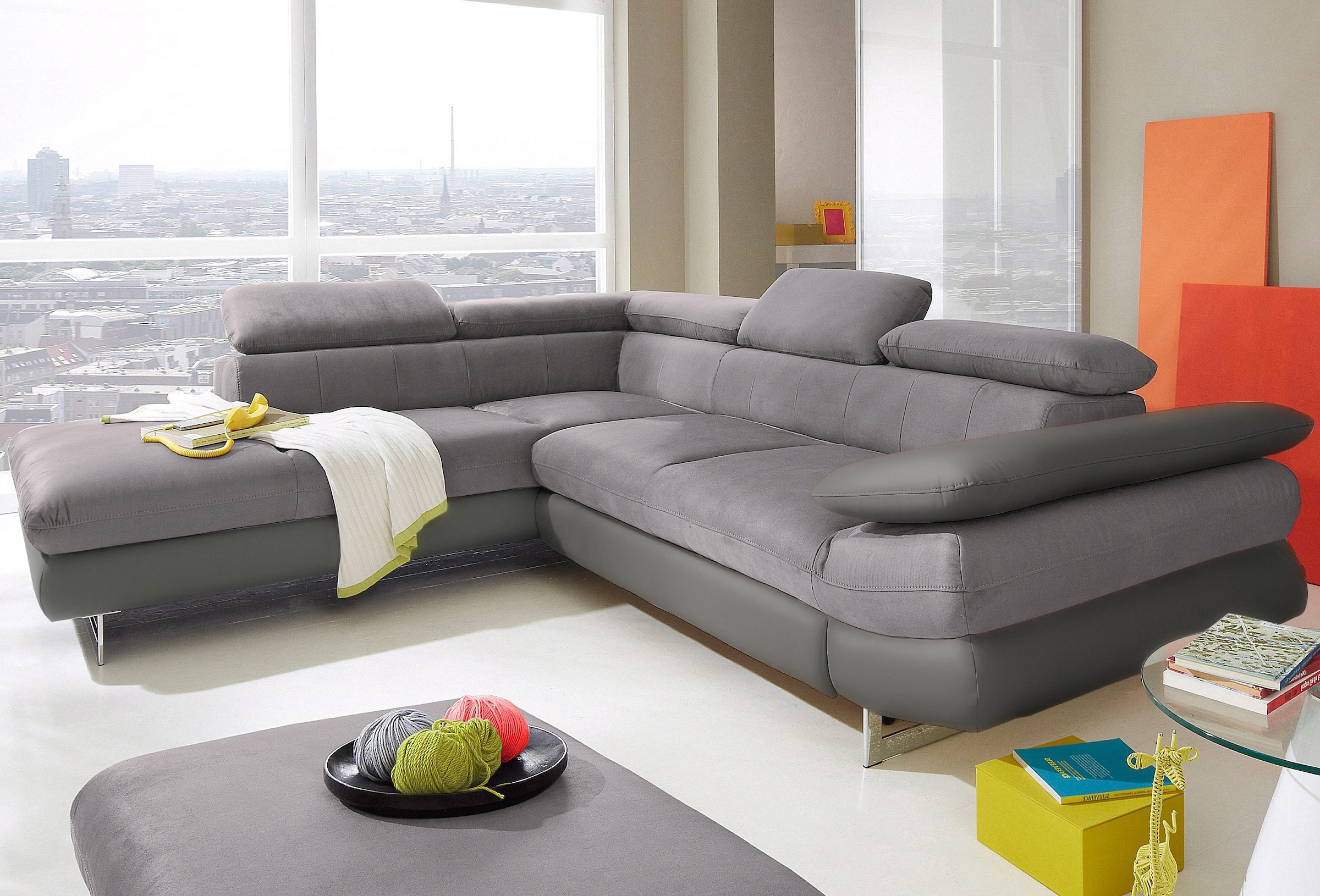 COTTA Ecksofa "Solution L-Form, Design Sofa, bequeme Wellenunterfederung, Design Fuß" mit Arm- & Kopfteilverstellung, wahlweise mit Schlaffunktion