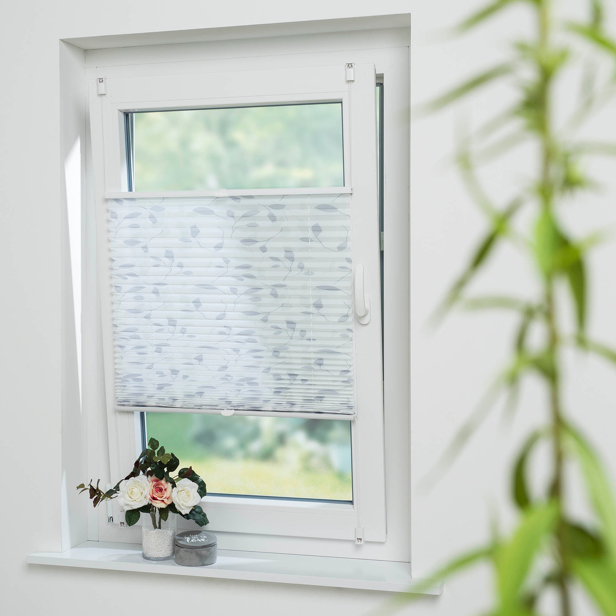 Liedeco Plissee "Blätter grau" Lichtschutz ohne Bohren verspannt günstig online kaufen