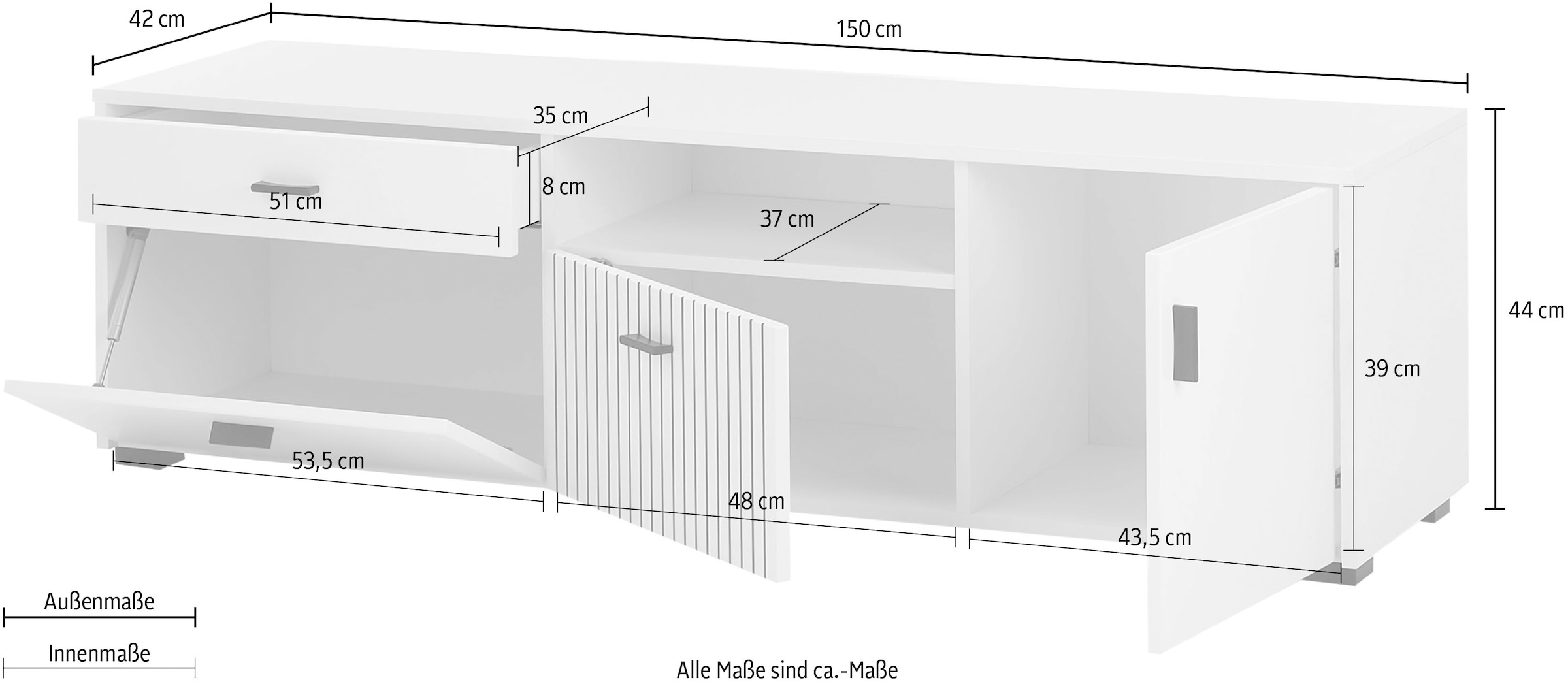 INOSIGN Lowboard »Hudson«, in moderner Trendfarbe, Griffe aus Metall (Schwarz), Breite 150 cm