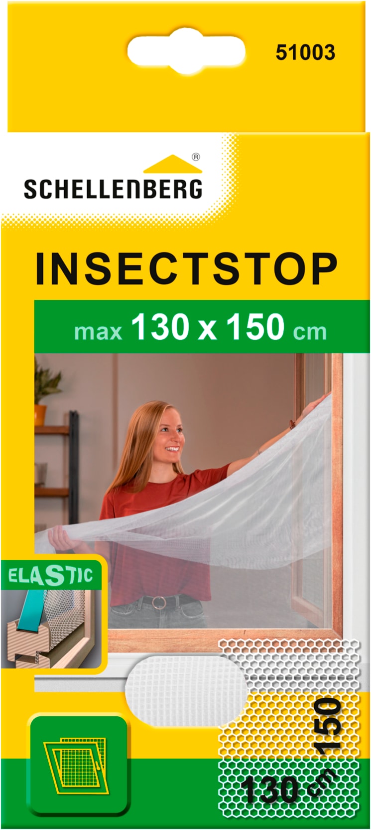 SCHELLENBERG Fliegengitter-Gewebe "Elastic", elastischer Insektenschutz für Fenster, 130 x 150 cm, weiß