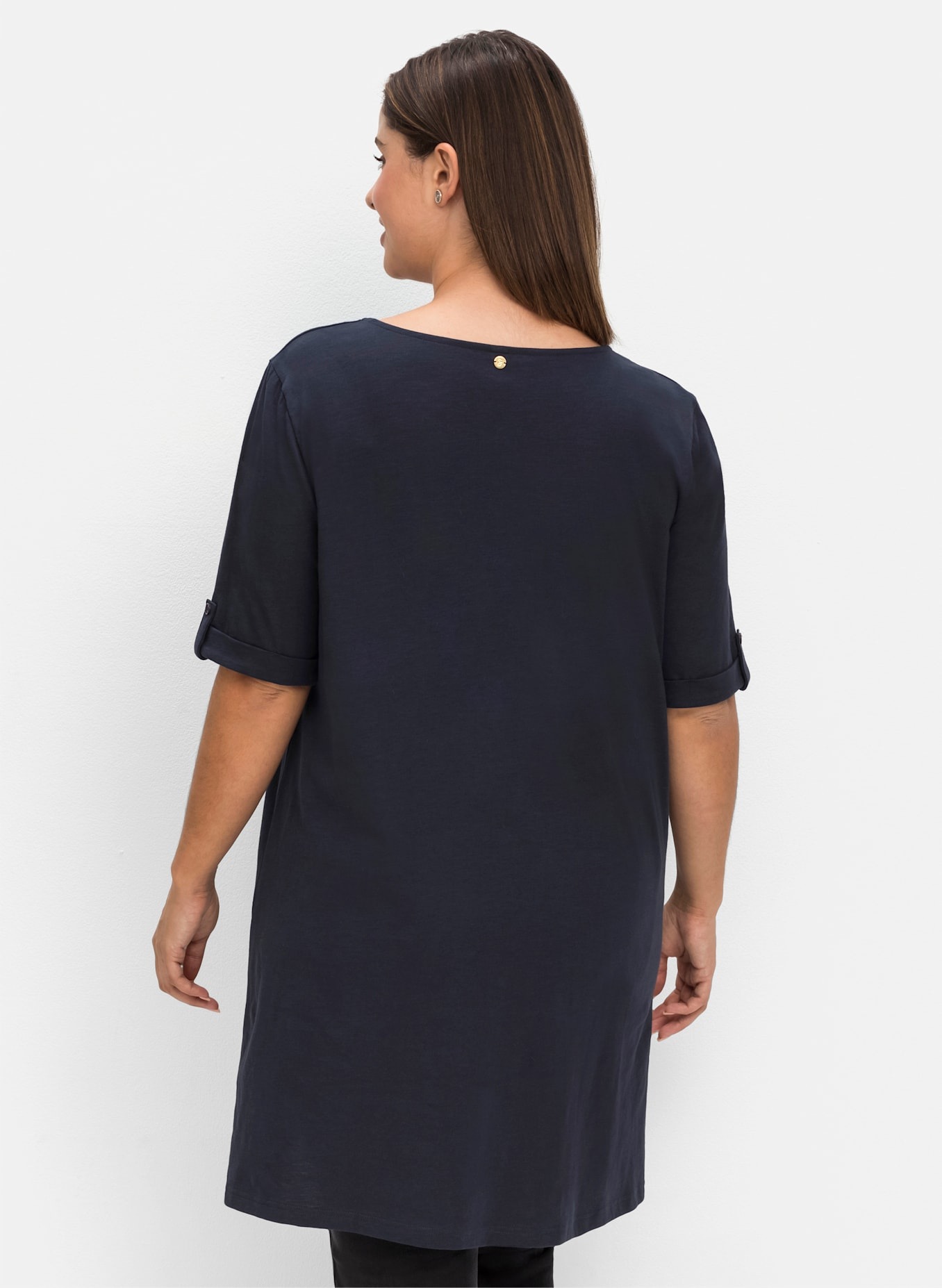 Longshirt SHEEGO "Longshirt", Damen, Gr. 44/46, blau (nachtblau), 100% Baumwolle, unifarben, V-Ausschnitt, Shirts Longshirt 3