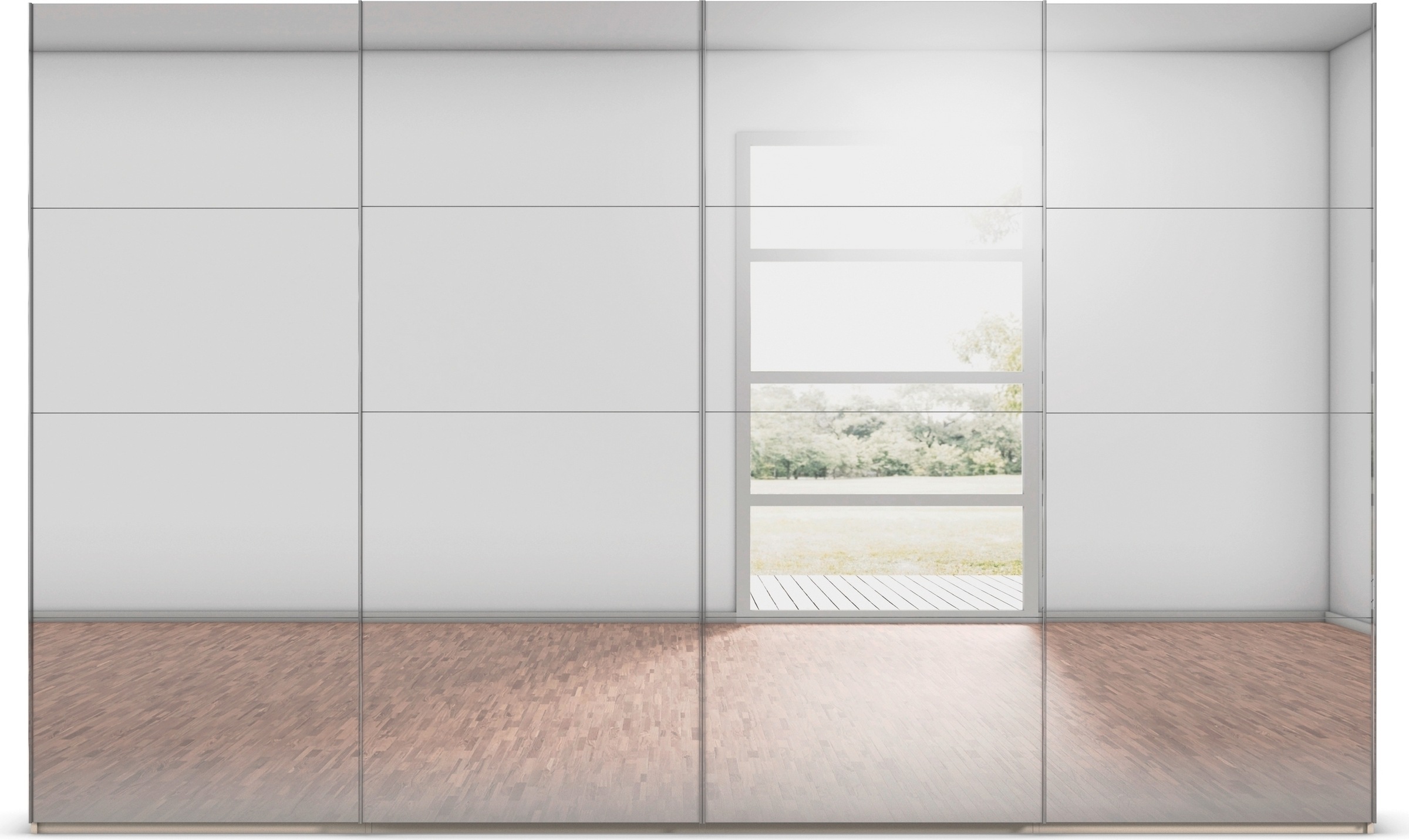 rauch Schwebetürenschrank »Kleiderschrank Schrank Garderobe Schlafzimmerschrank SCALE-FYRA«, edle viergeteilte Türen, Spiegelfront und viele Farben MADE IN GERMANY