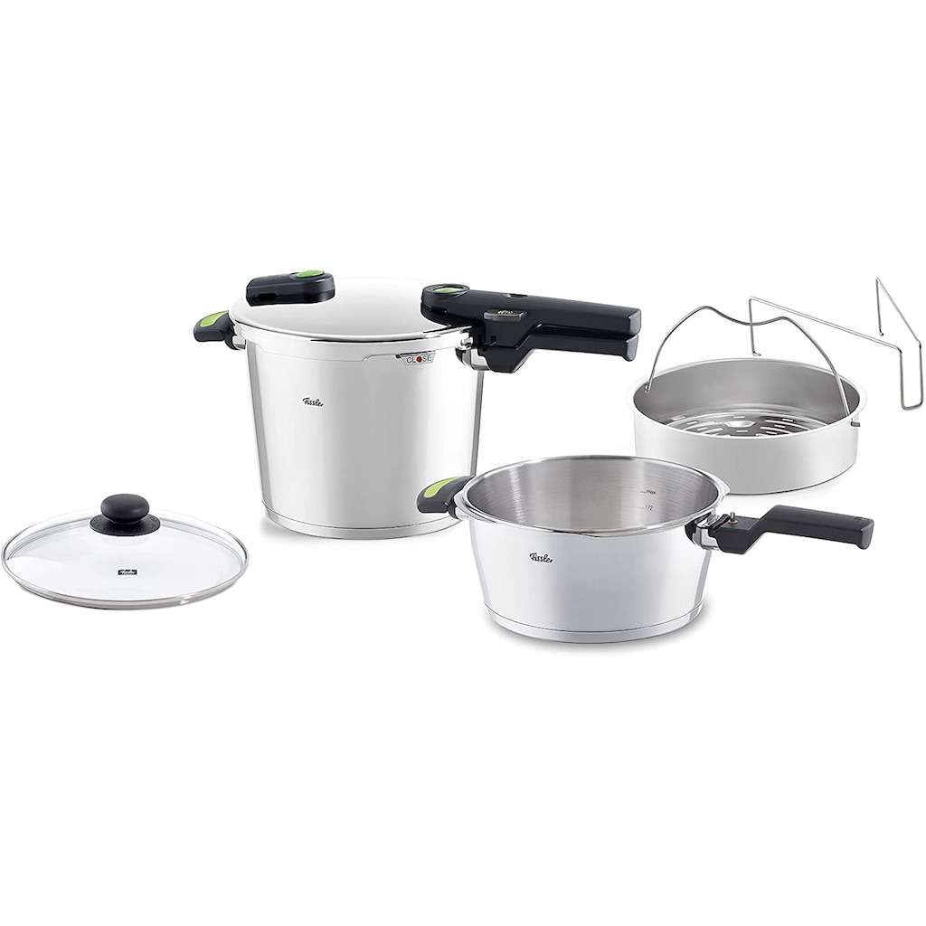 Fissler Schnellkochtopf »vitaquick green 6 L Bundle«, Edelstahl 18/10, (Set, 2-tlg), mit Pfanne und Glasdeckel