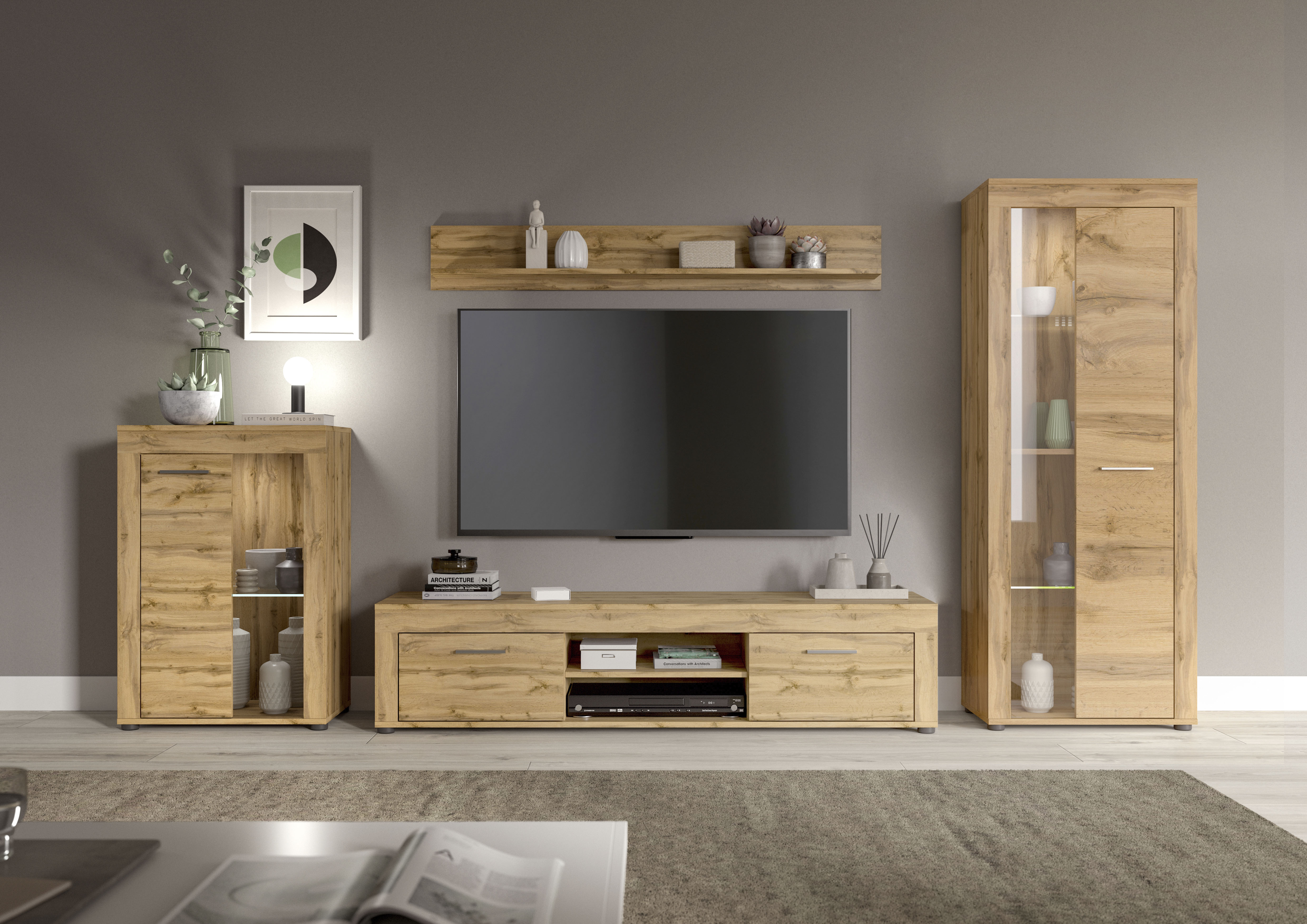 OTTO home Wohnwand "AOSTA, Breite 310cm, 4-teilige Wohn-Kombination" bestehend aus: Vitrine, Lowboard, Wandboard & Vitrine hoch, 4 Stk. tlg.