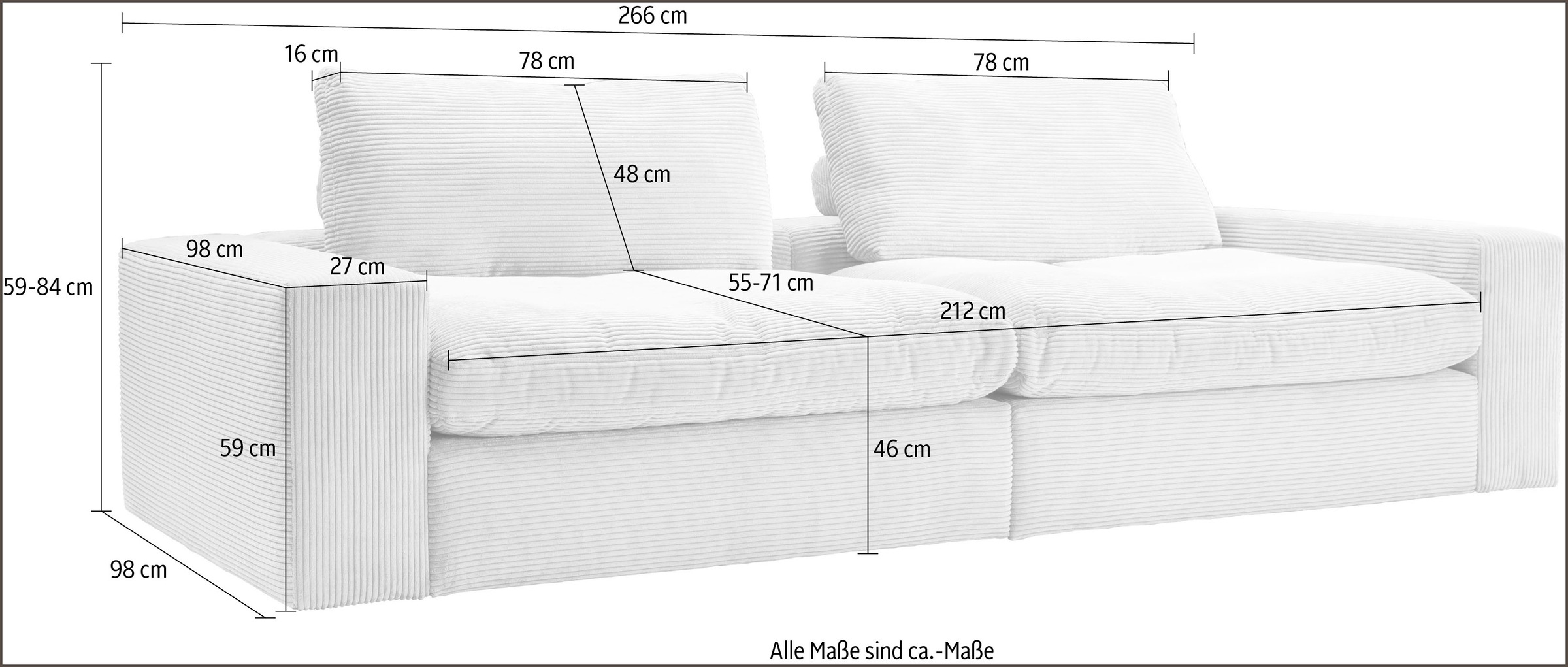 alina Big-Sofa »Sandy«, 266 cm breit und 98 cm tief, in modernem Cordstoff