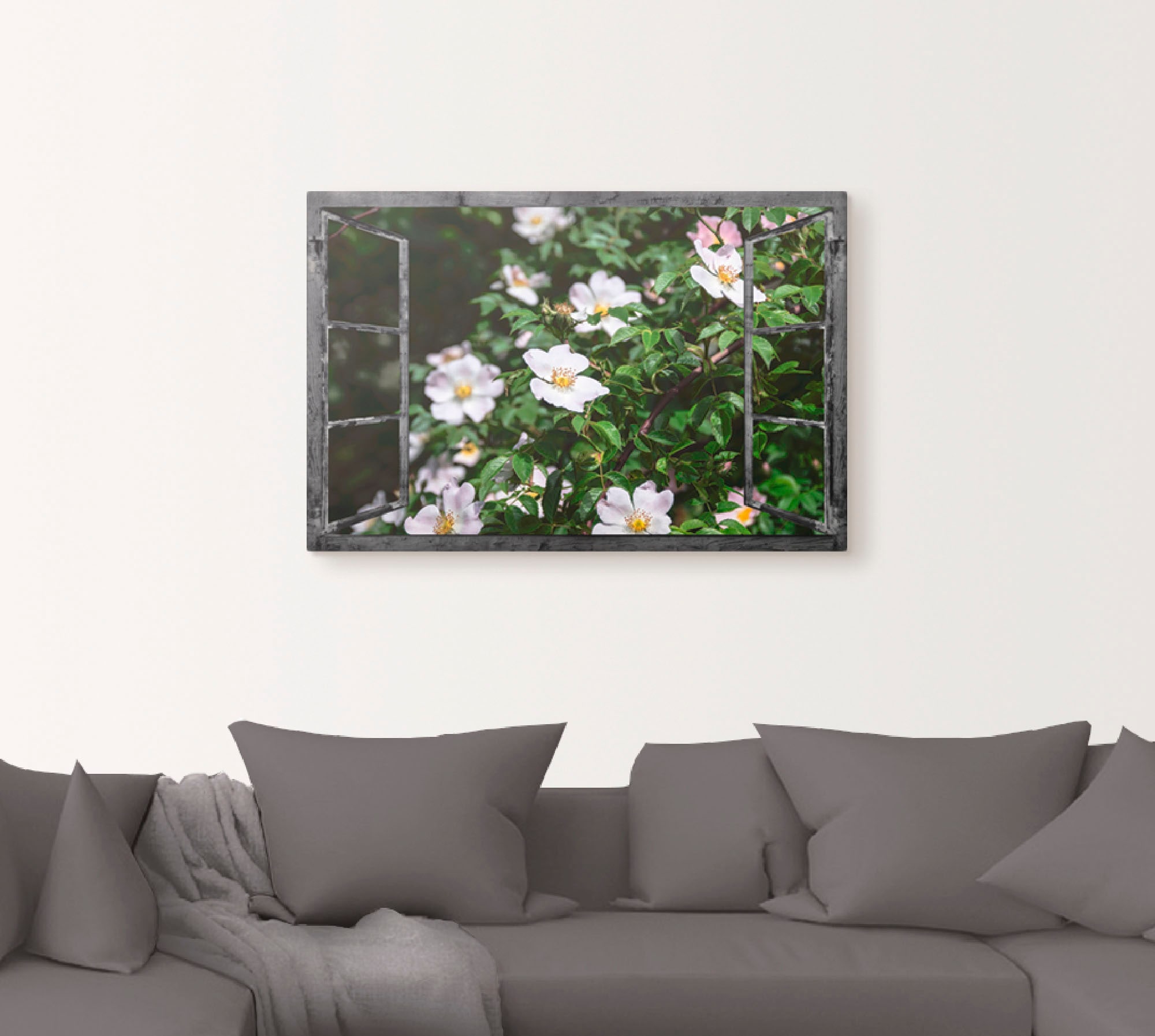 Artland Leinwandbild »Fensterblick - Wildrosen«, Fensterblick, (1 St.), auf Keilrahmen gespannt