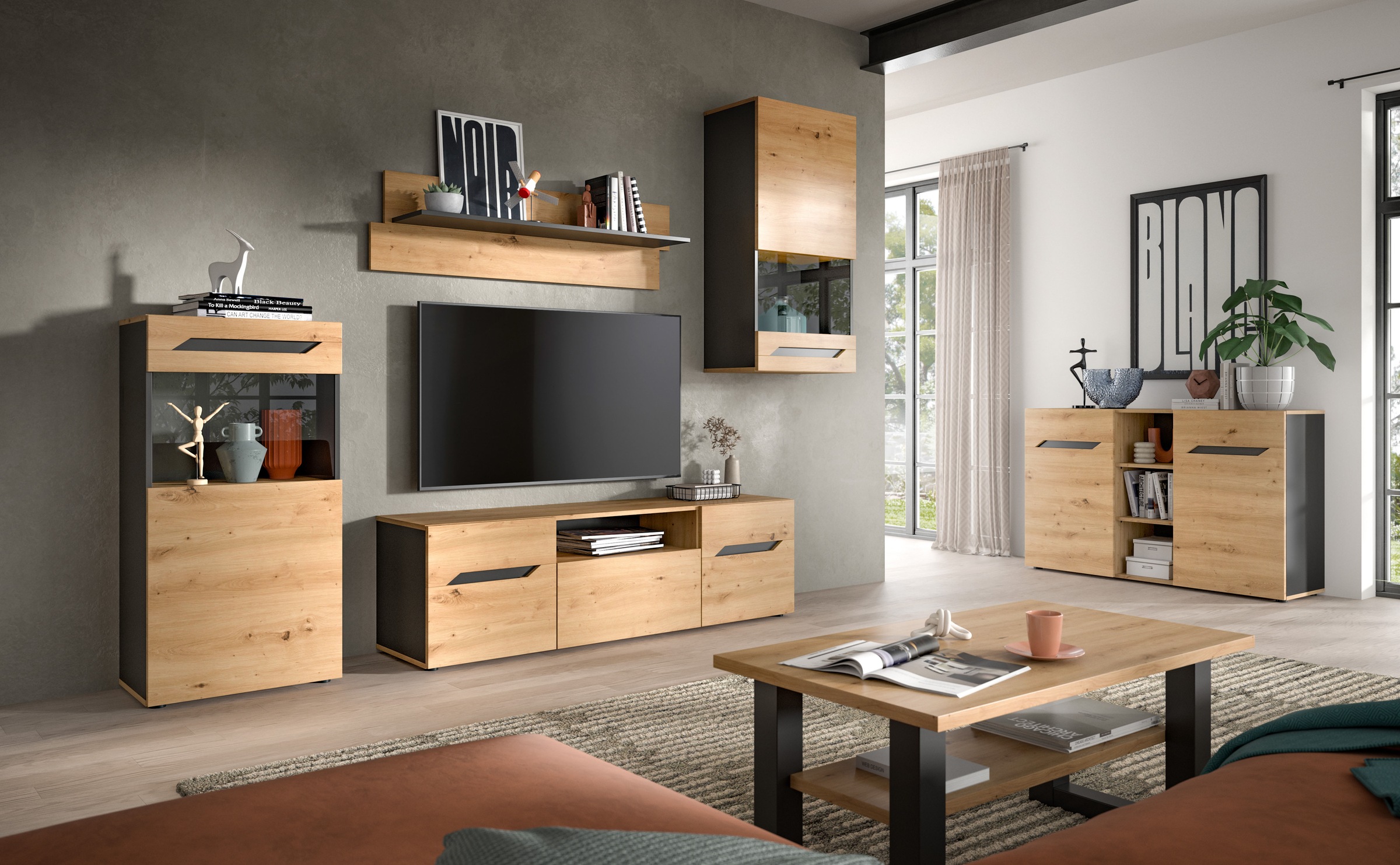 INOSIGN Wohnwand »SERTA, 4-teilig, best. aus: 2x Vitrine, 1x Lowboad & 1x Wandboard«, Anbauwand, Set, Möbelset, TV-Wand, Wohnzimmerset, Schrankwand