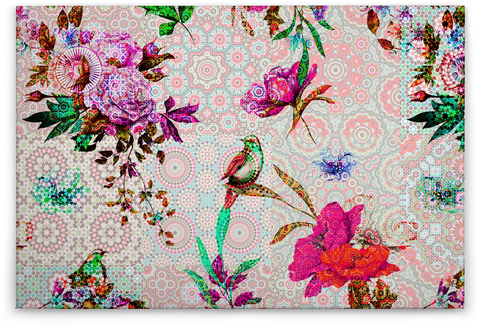 A.S. Création Leinwandbild »mosaic garden«, Kunst-Vögel-Kinder, (1 St.), Mosaik Keilrahmen Floral Blumen Vögel Leinwand-Bild Wohnzimmer modern